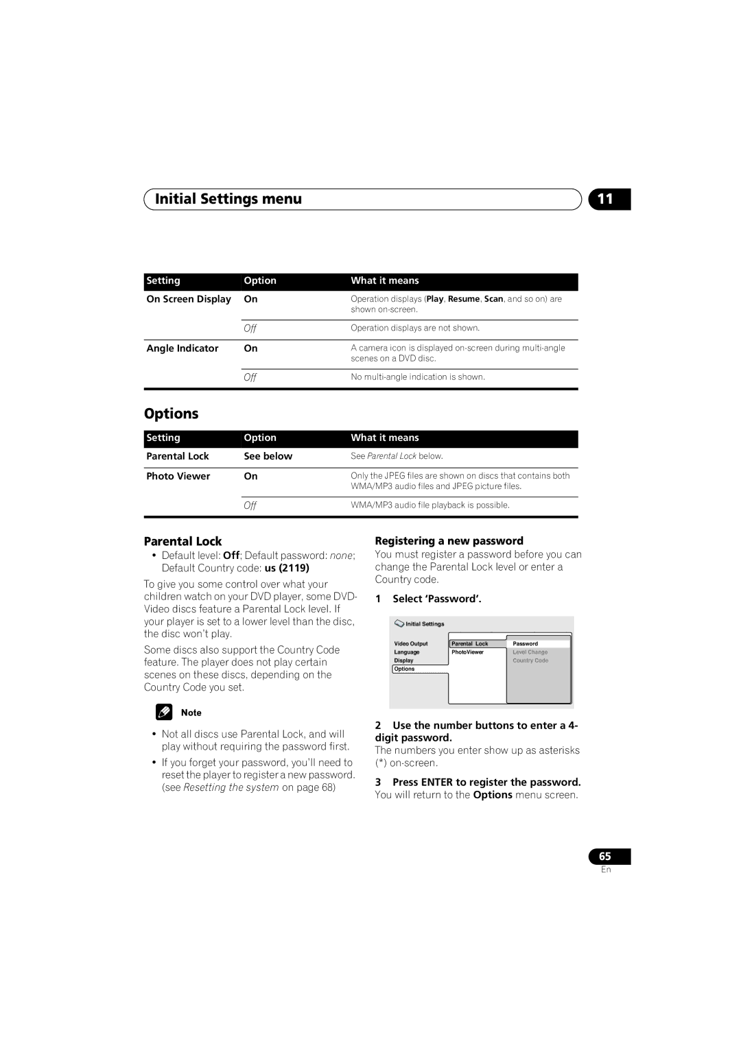 Pioneer S-HTD340 operating instructions Options, Parental Lock, Registering a new password 