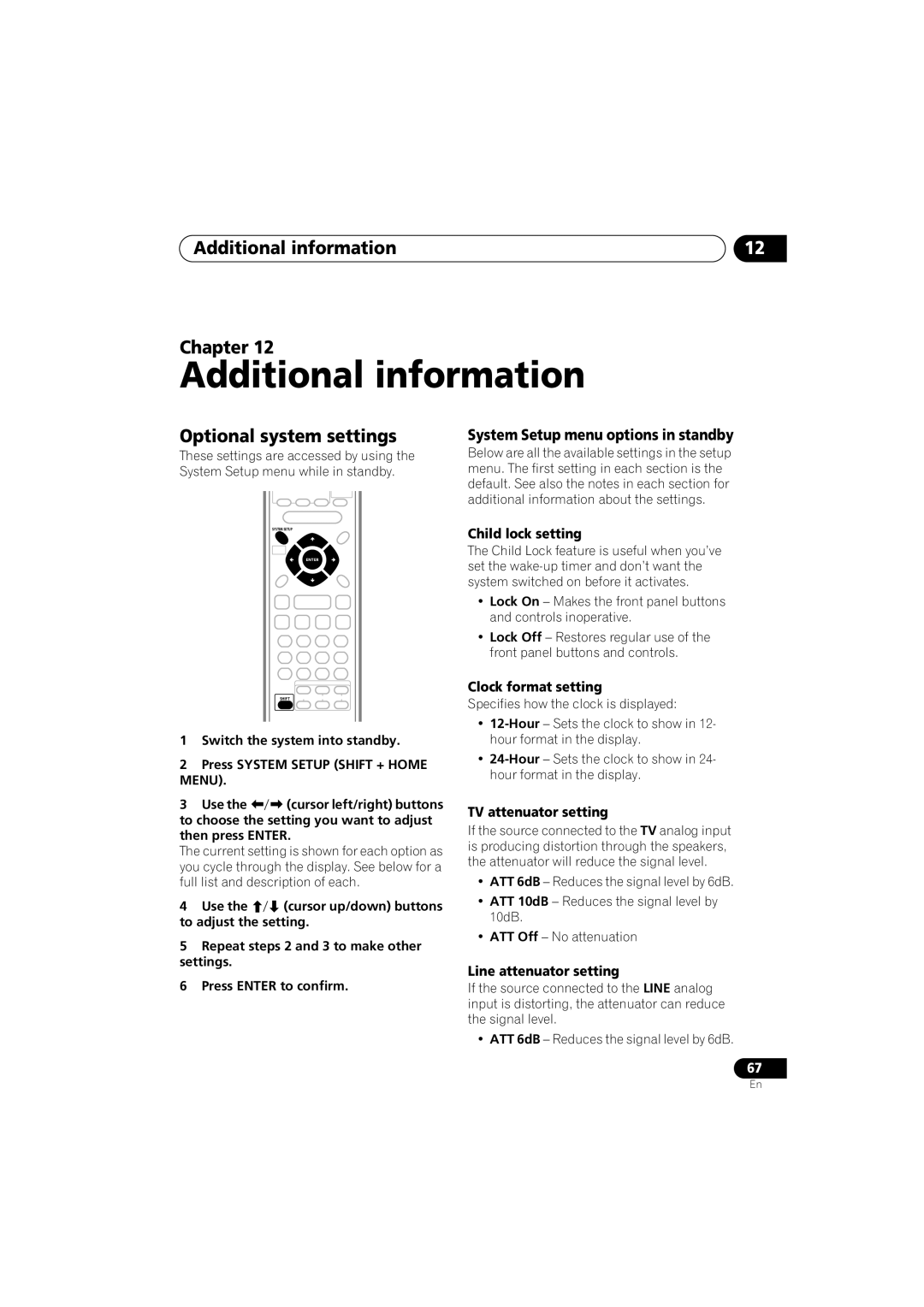 Pioneer S-HTD340 Additional information Chapter, Optional system settings, System Setup menu options in standby 