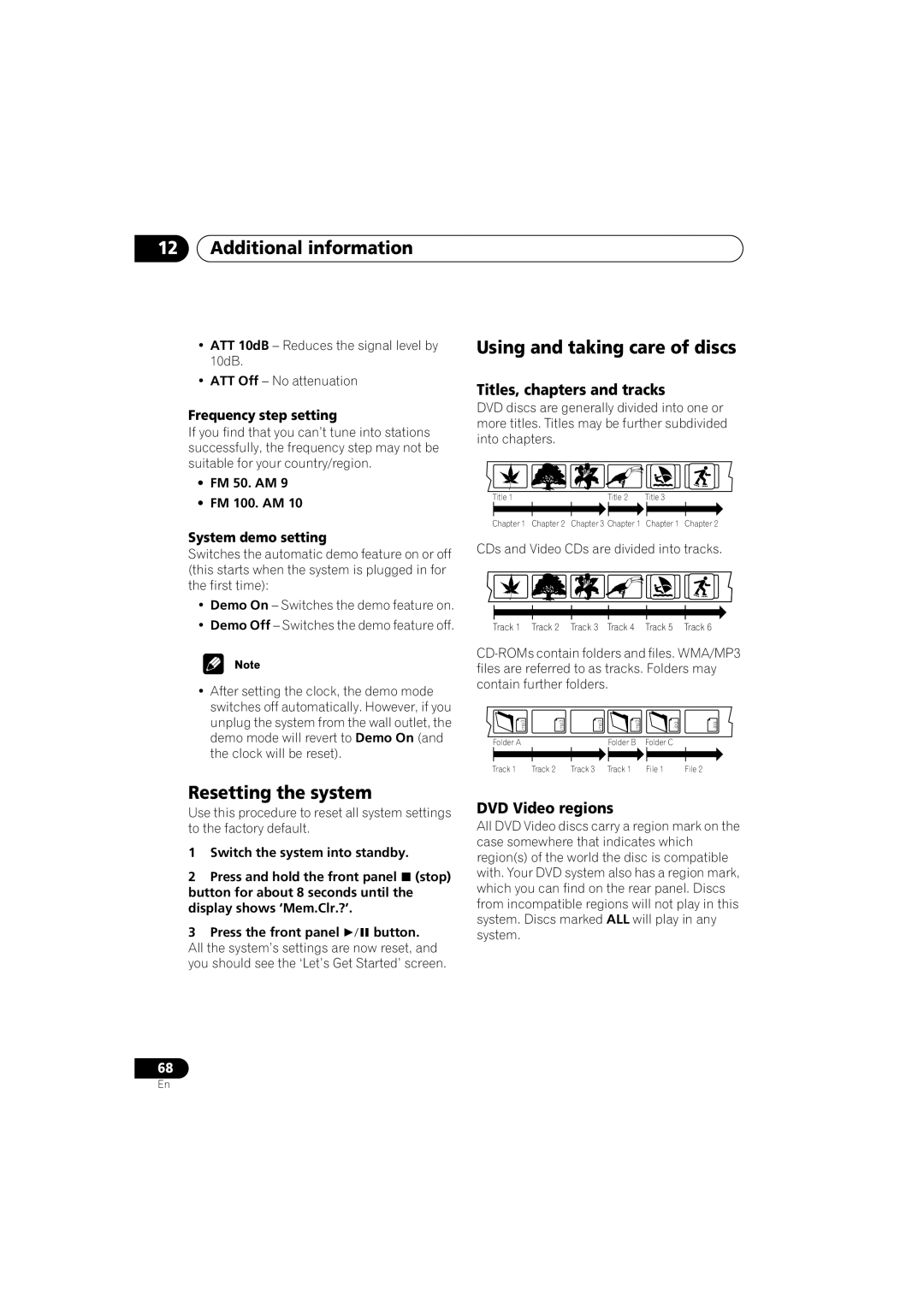 Pioneer S-HTD340 Additional information, Resetting the system, Using and taking care of discs, Titles, chapters and tracks 