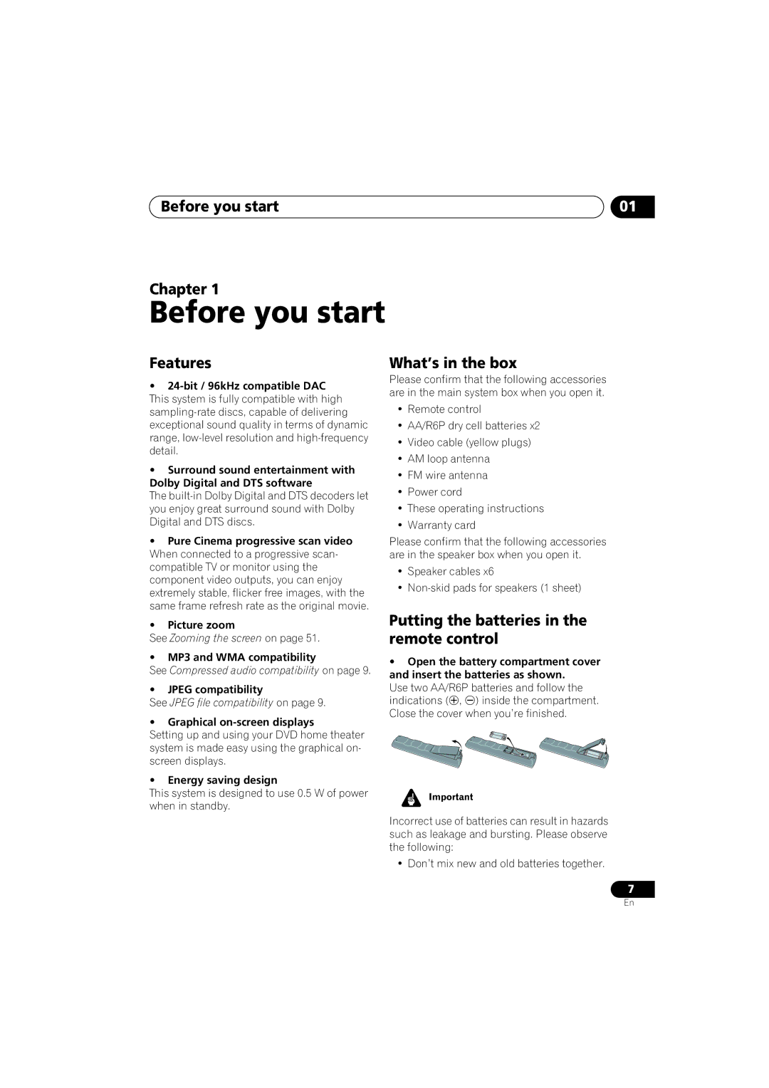 Pioneer S-HTD340 Before you start Chapter, Features, What’s in the box, Putting the batteries in the remote control 