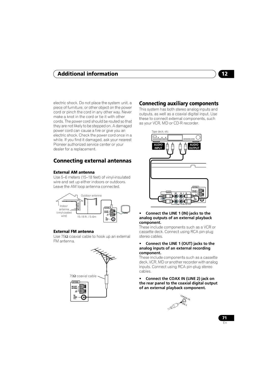 Pioneer S-HTD340 Connecting external antennas, Connecting auxiliary components, External AM antenna, External FM antenna 