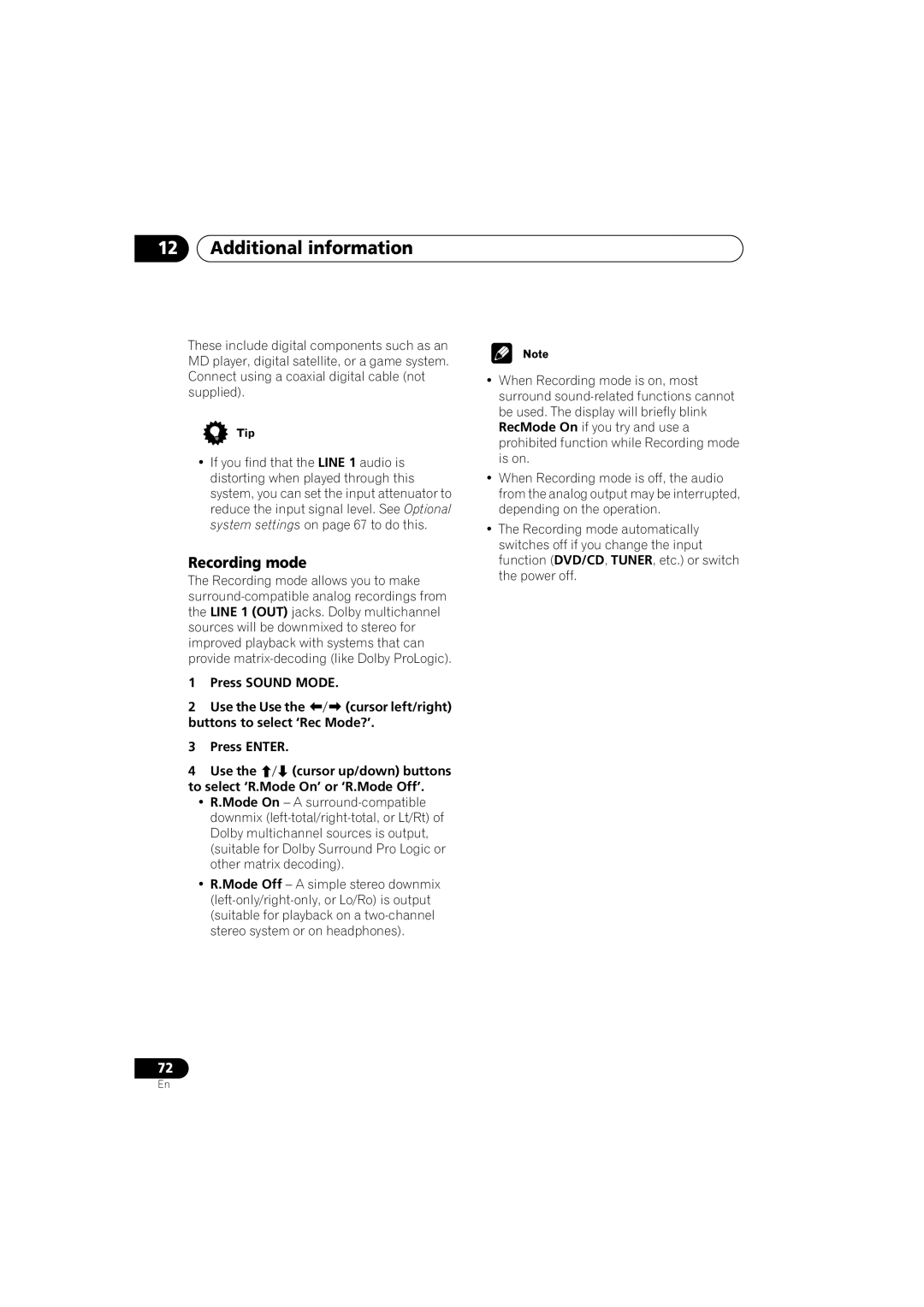 Pioneer S-HTD340 operating instructions Recording mode, Press Sound Mode Use the Use, Buttons to select ‘Rec Mode?’ 