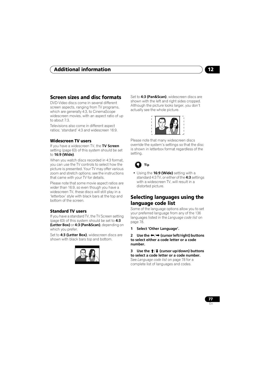 Pioneer S-HTD340 Additional information Screen sizes and disc formats, Selecting languages using the language code list 