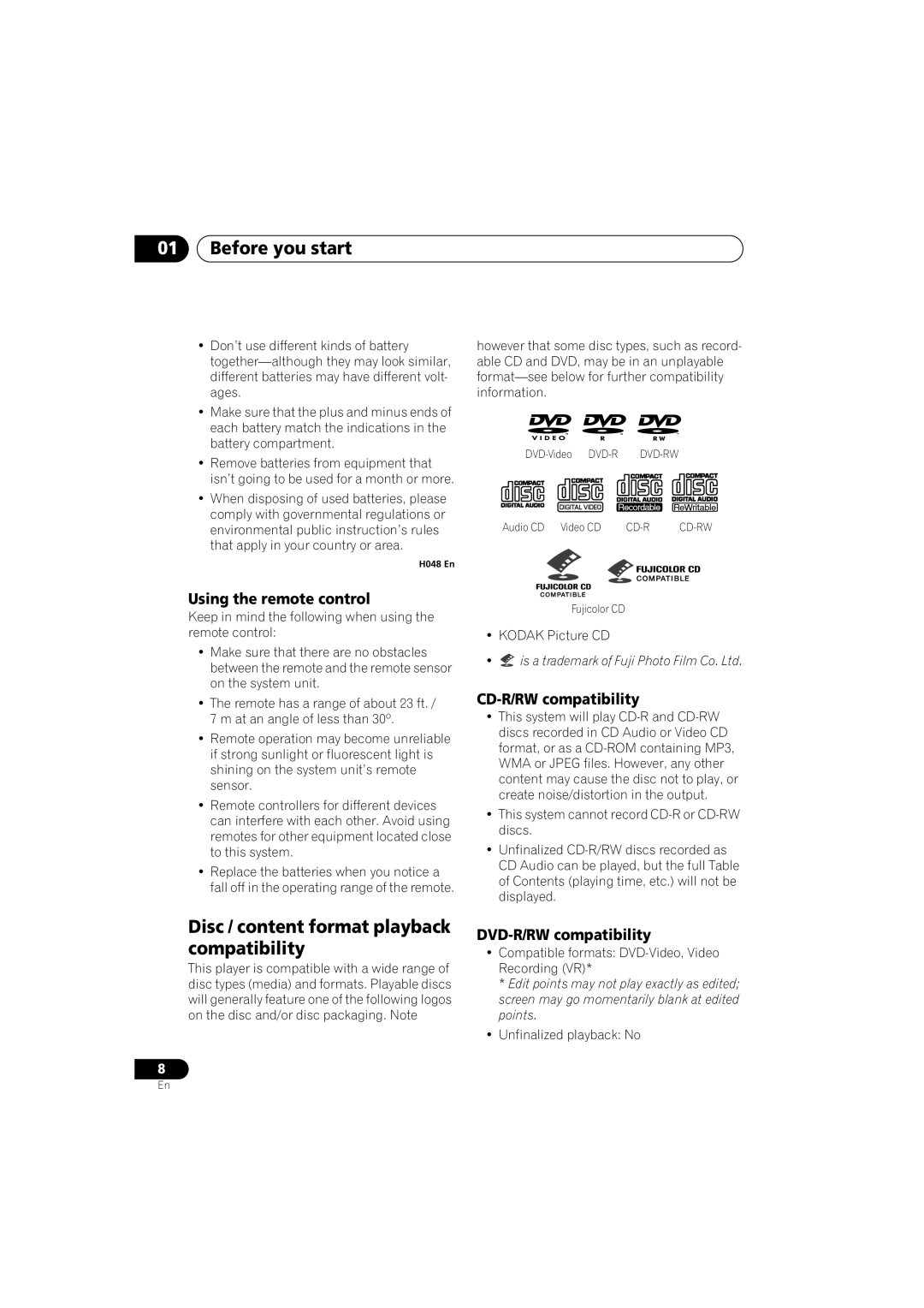 Pioneer S-HTD340 Before you start, Disc / content format playback compatibility, Using the remote control 