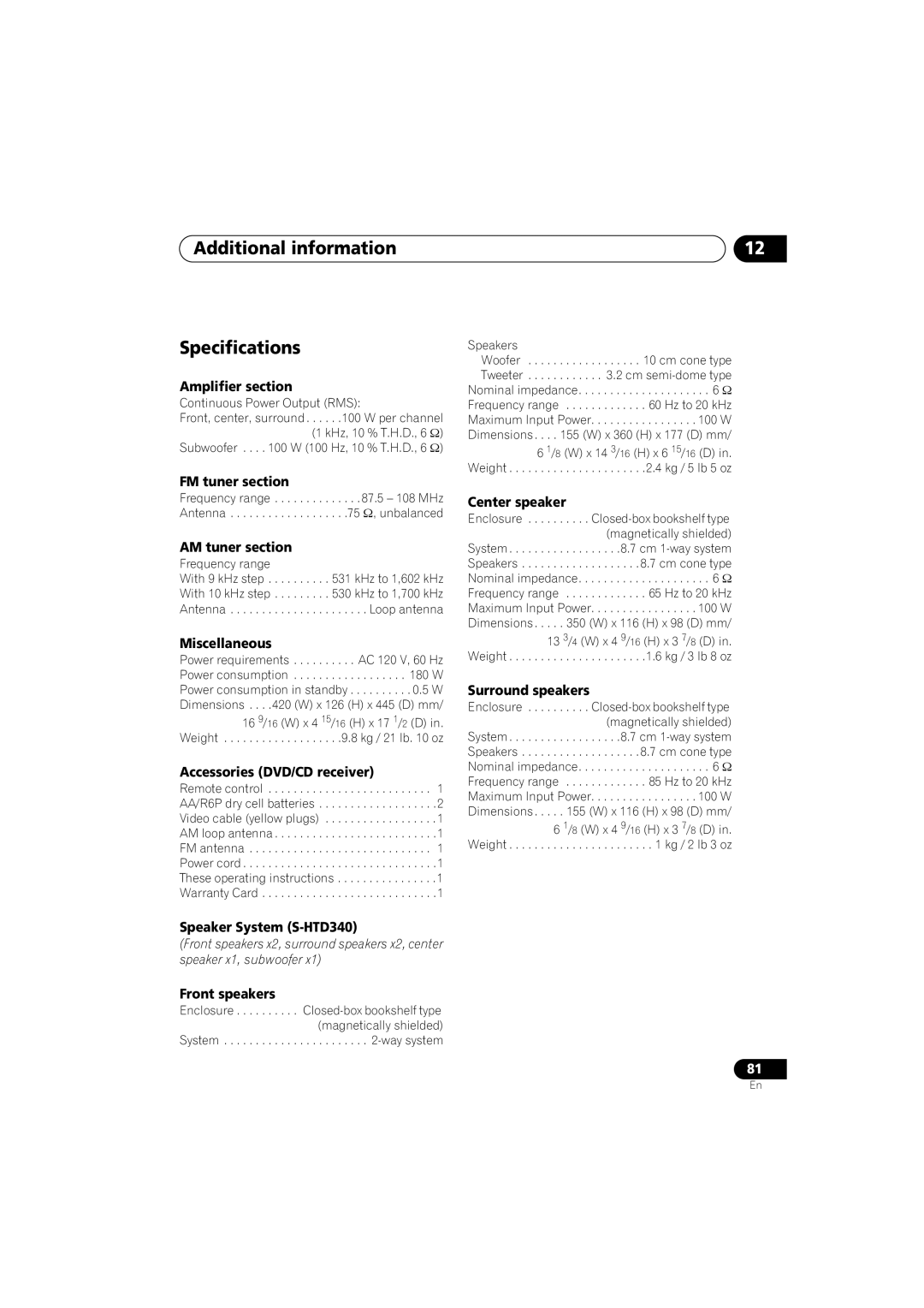 Pioneer S-HTD340 operating instructions Additional information Specifications 