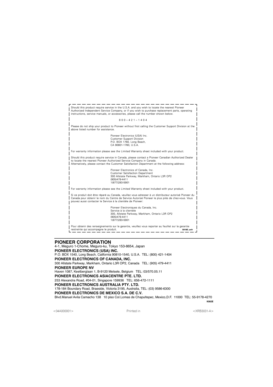 Pioneer S-HTD340 operating instructions Pioneer Corporation 