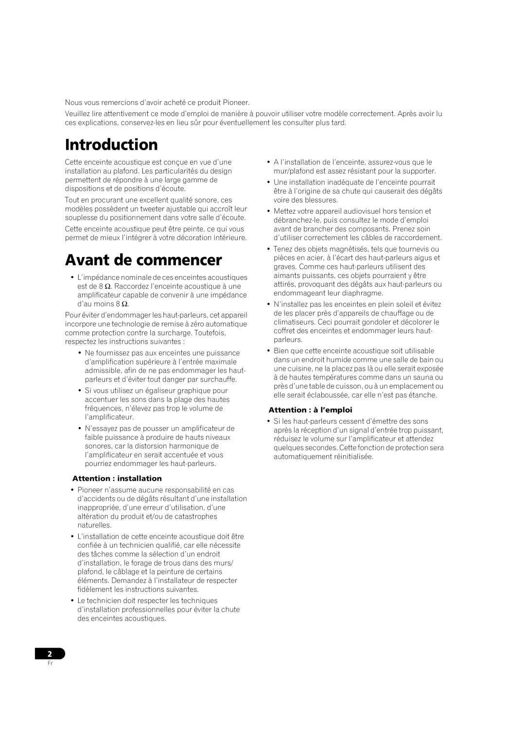 Pioneer S-IC621D, S-IC821D operating instructions Introduction, Avant de commencer 