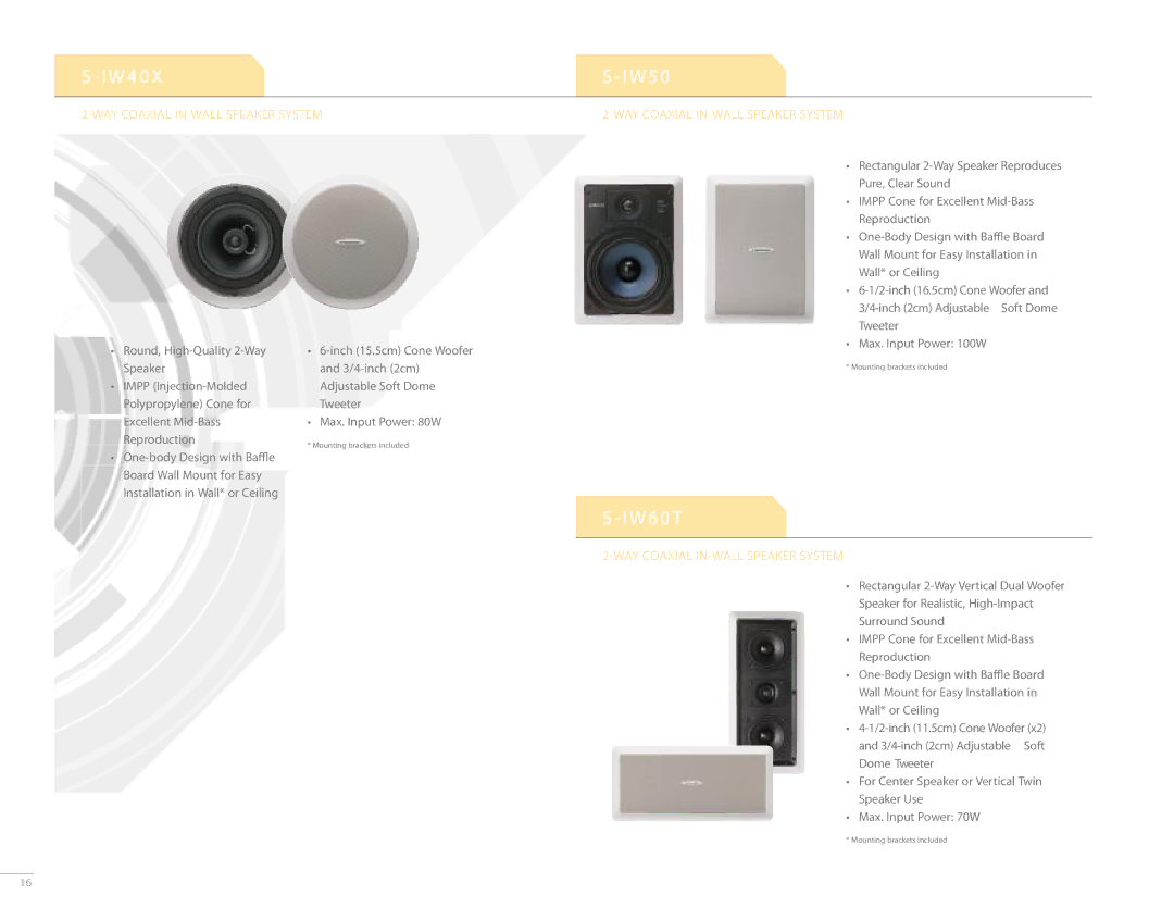 Pioneer S-IW60T, S-IW50, S-IW40X manual W 4, W 6 0T, WAY Coaxial IN-WALL Speaker System 