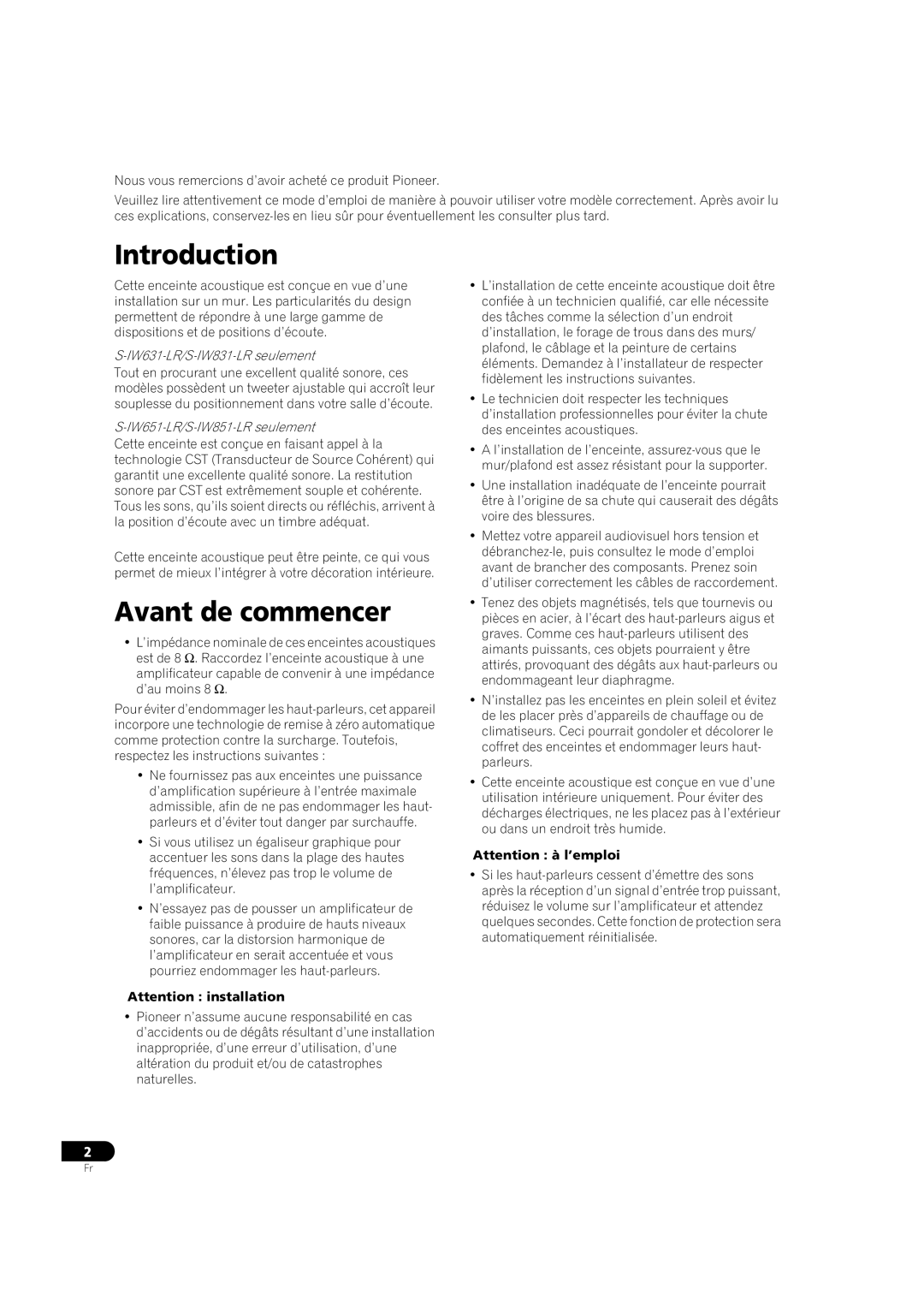 Pioneer S-IW851-LR, S-IW631-LR, S-IW651-LR operating instructions Avant de commencer, IW631-LR/S-IW831-LR seulement 