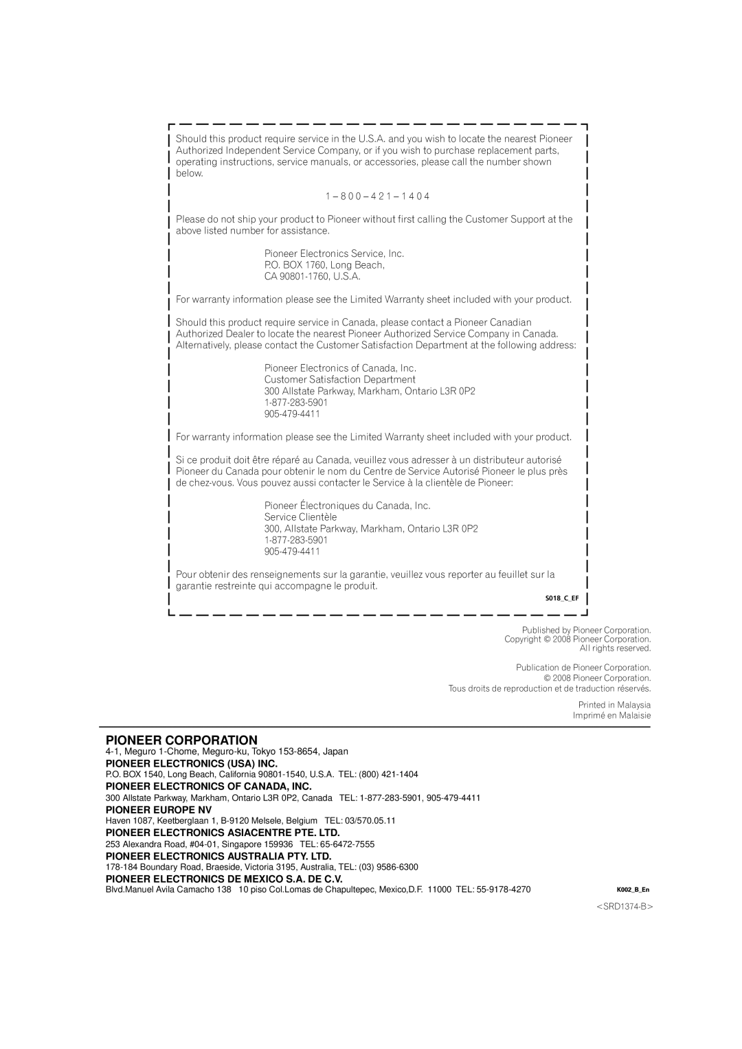 Pioneer S-IW631-LR, S-IW831-LR, S-IW851-LR, S-IW651-LR operating instructions Pioneer Corporation 