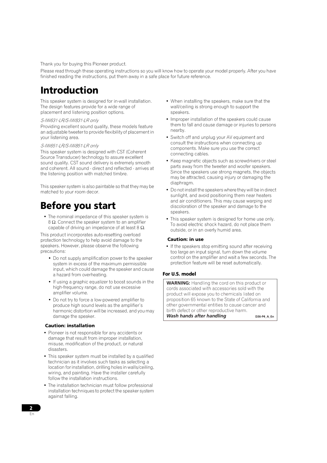 Pioneer S-IW851-LR, S-IW631-LR, S-IW831-LR, S-IW651-LR operating instructions Introduction, Before you start 