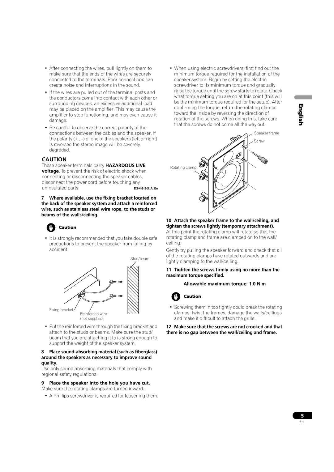 Pioneer S-IW831-LR, S-IW631-LR, S-IW851-LR, S-IW651-LR Stud/beam Fixing bracket Reinforced wire Not supplied 