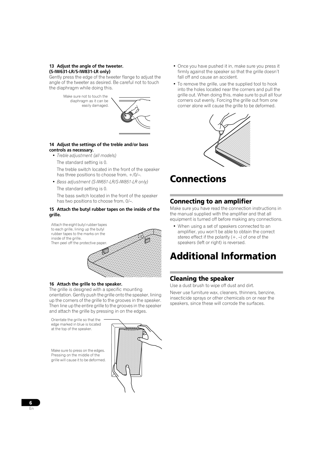 Pioneer S-IW851-LR, S-IW631-LR Connections, Additional Information, Connecting to an amplifier, Cleaning the speaker 