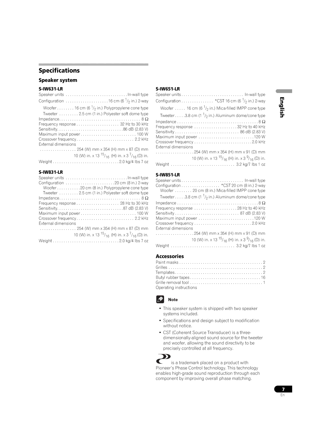 Pioneer S-IW651-LR, S-IW631-LR, S-IW831-LR, S-IW851-LR operating instructions Specifications, Speaker system 