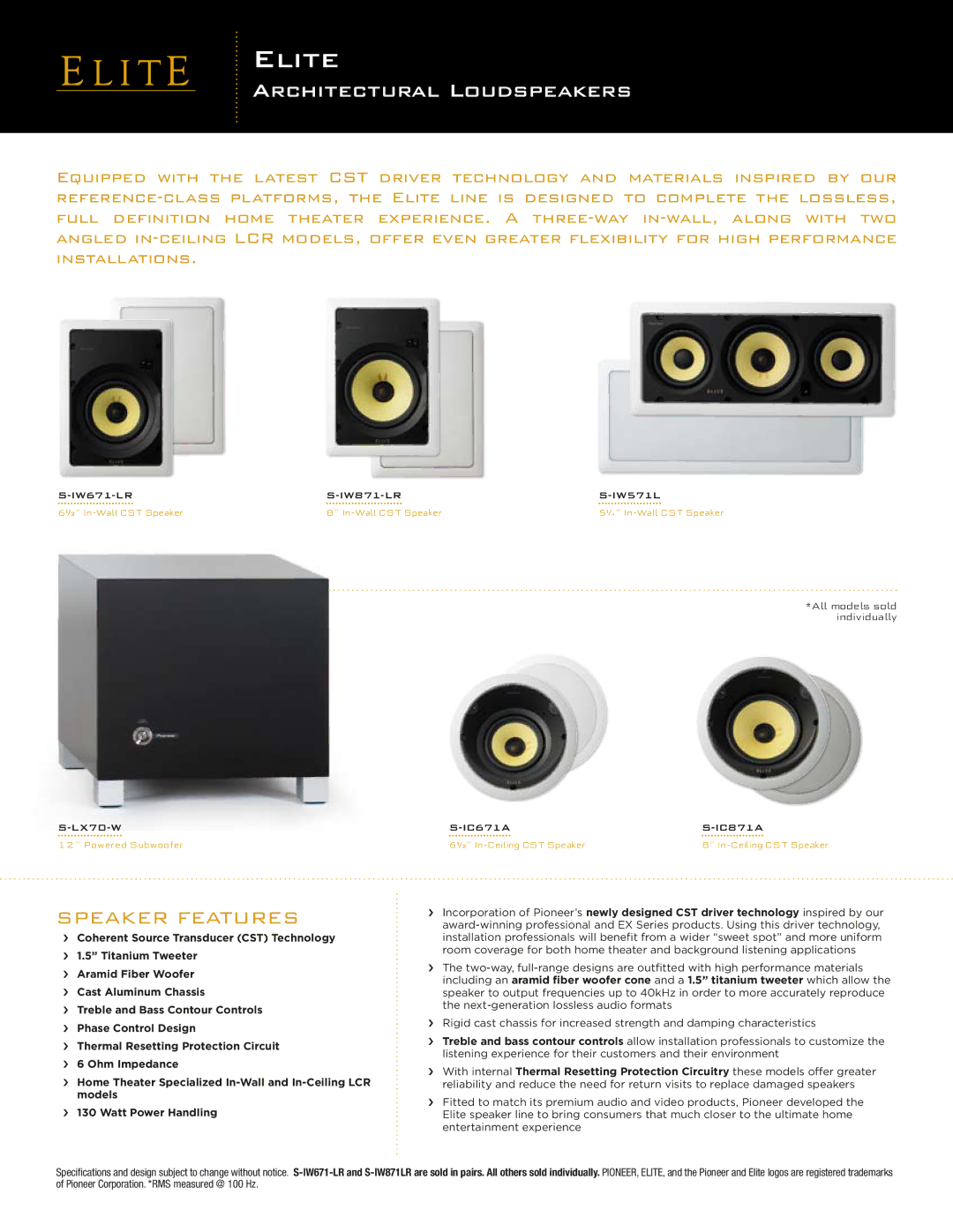 Pioneer S-IC871A, S-IW671-LR, S-IC671A specifications Elite, Architectural Loudspeakers, Speaker Features 