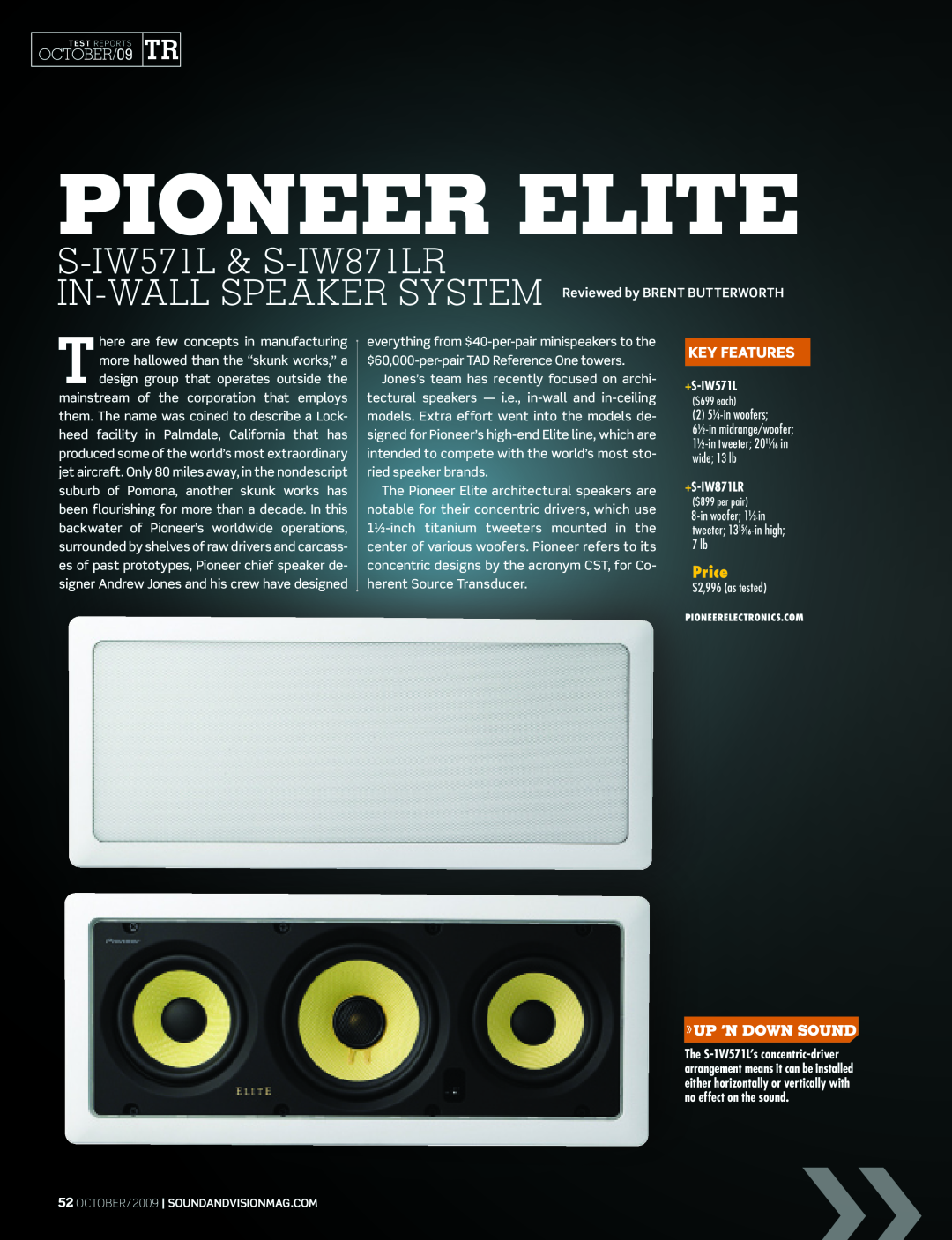 Pioneer S-IW571L, S-IW871LR manual Key Features, »up ‘n down»sound, Pioneer Elite, s-iw571l& s-iw871lr, OCTOBER/09, Price 