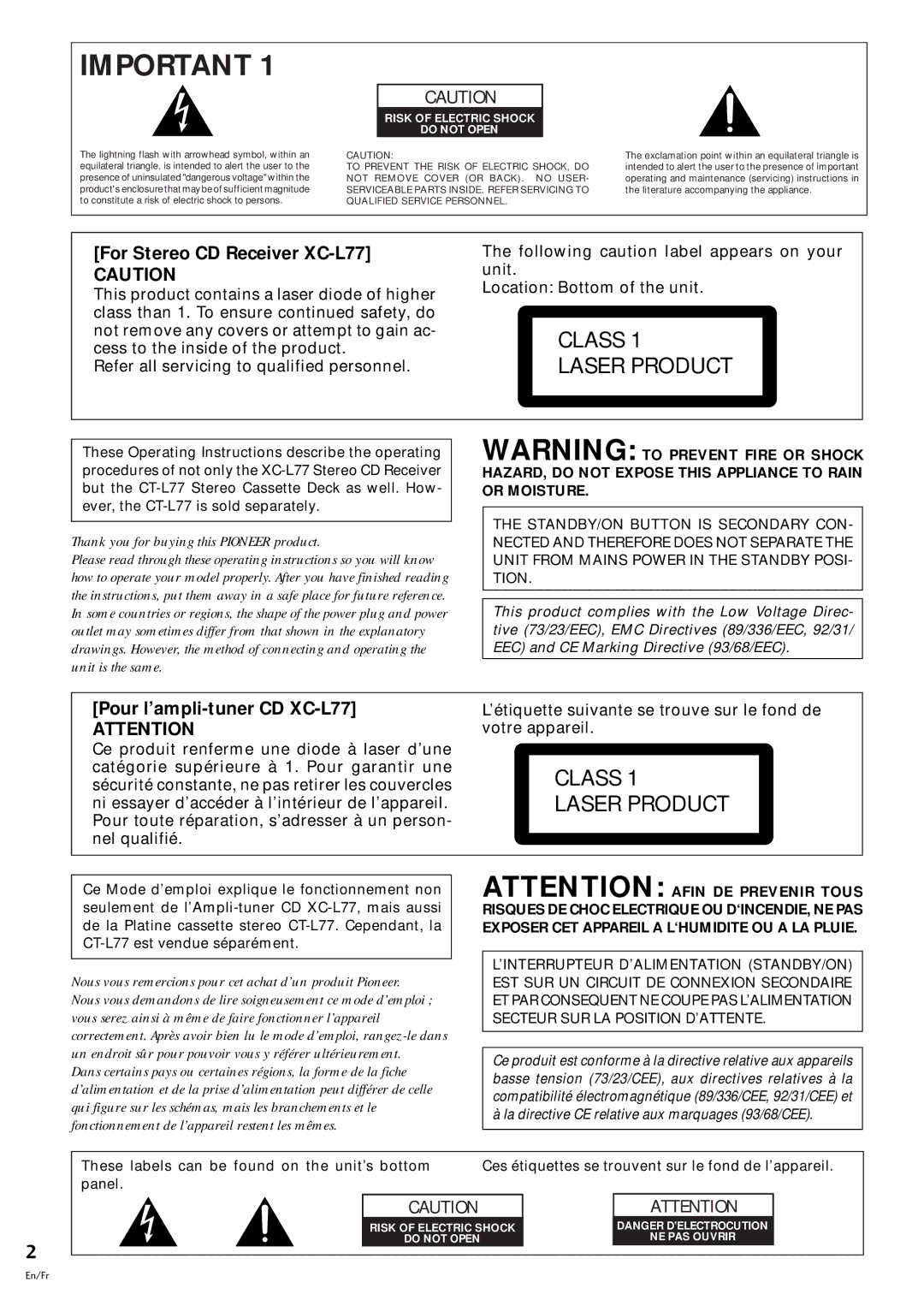 Pioneer S-L8-LRW, S-L9-LRW, S-L9-A-LRW, CT-L77 manual For Stereo CD Receiver XC-L77, Pour l’ampli-tuner CD XC-L77 