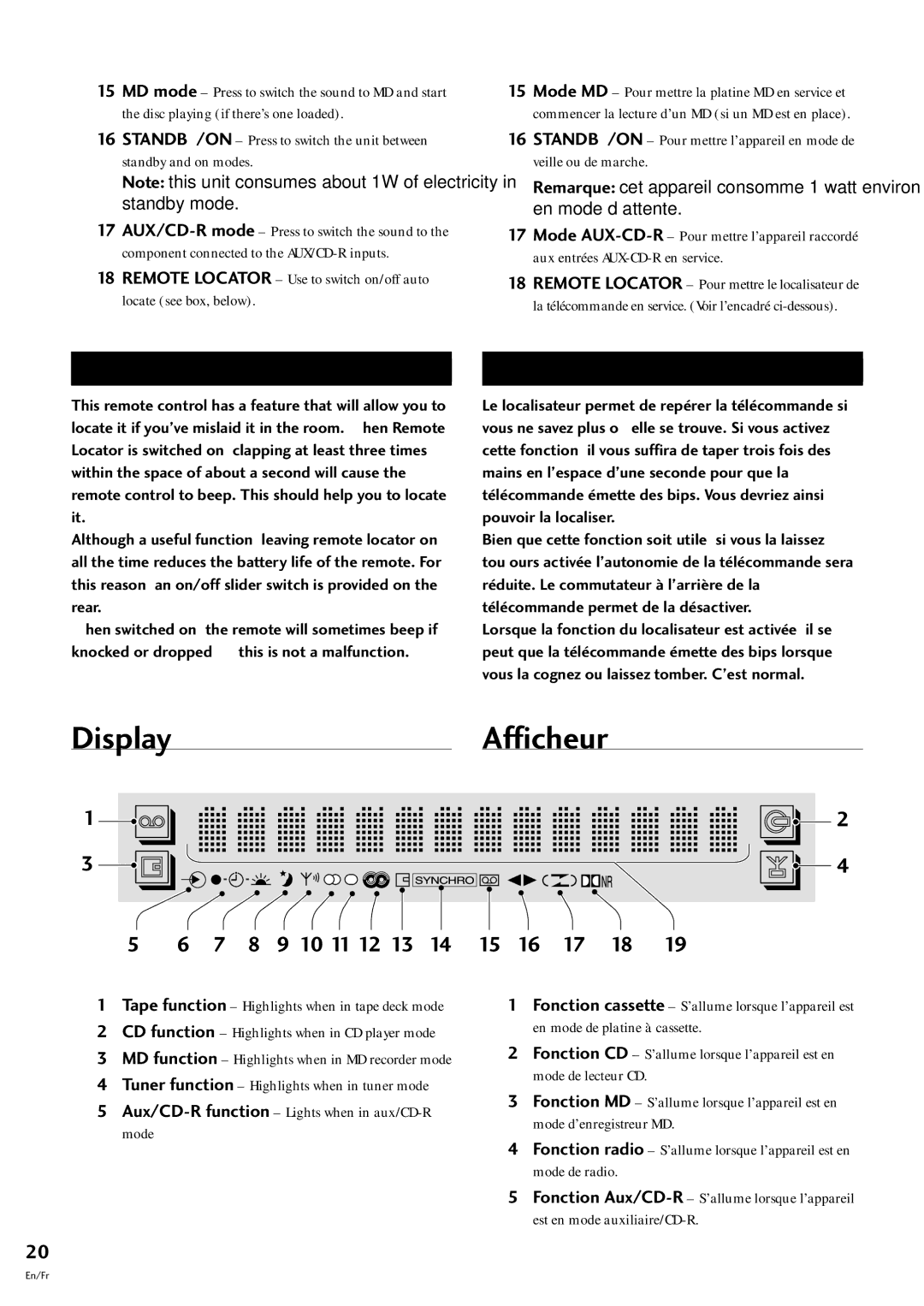 Pioneer S-L9-LRW, S-L9-A-LRW, S-L8-LRW, CT-L77 manual DisplayAfficheur, Remote Locator 