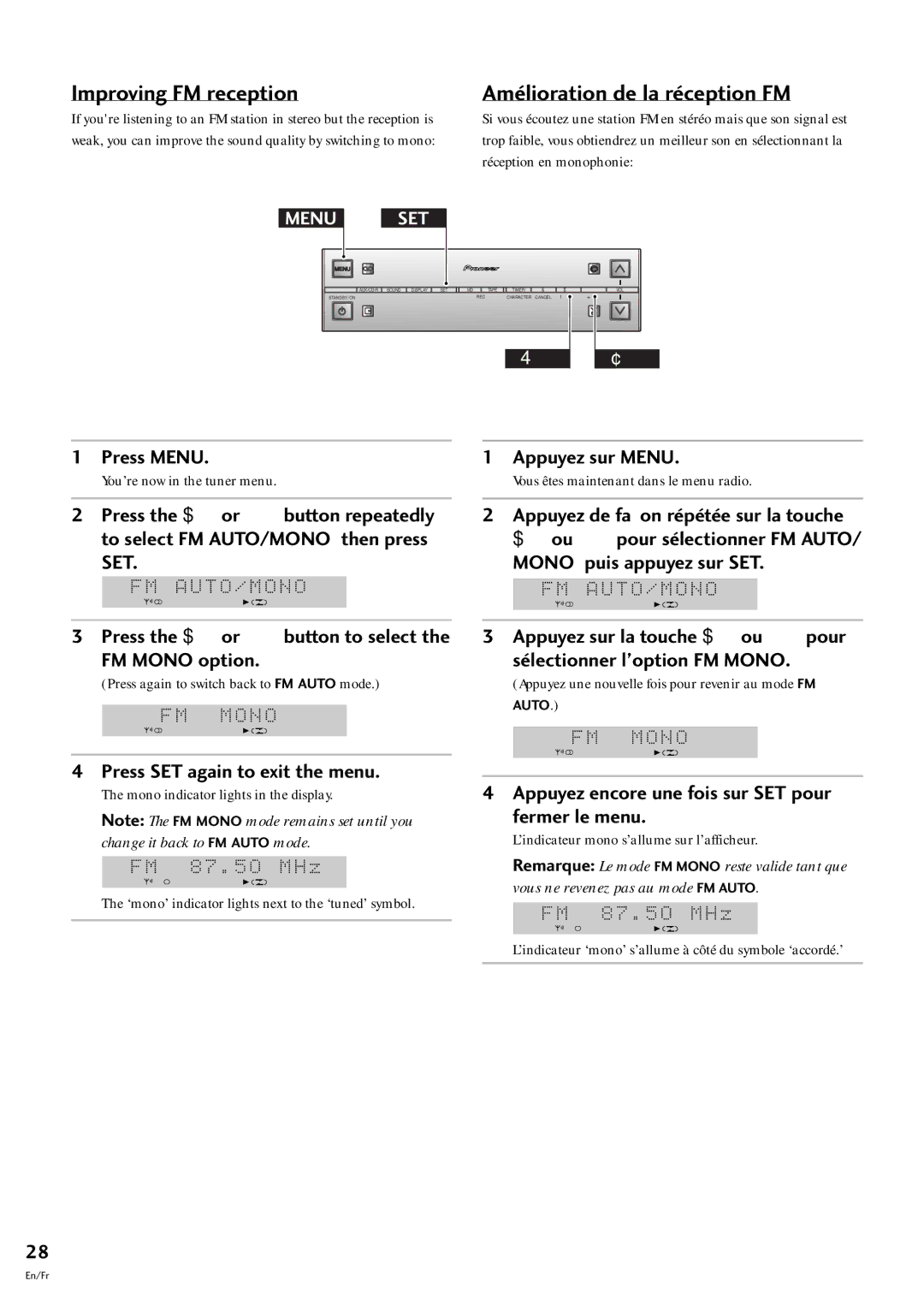 Pioneer S-L9-LRW, S-L9-A-LRW, S-L8-LRW, CT-L77 manual Improving FM reception, AmŽlioration de la rŽception FM 