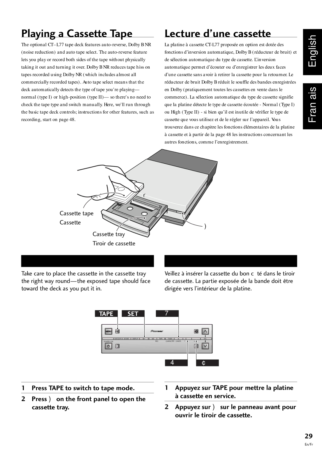 Pioneer S-L9-A-LRW, S-L9-LRW, S-L8-LRW, CT-L77 manual Playing a Cassette Tape, Lecture dÕune cassette 