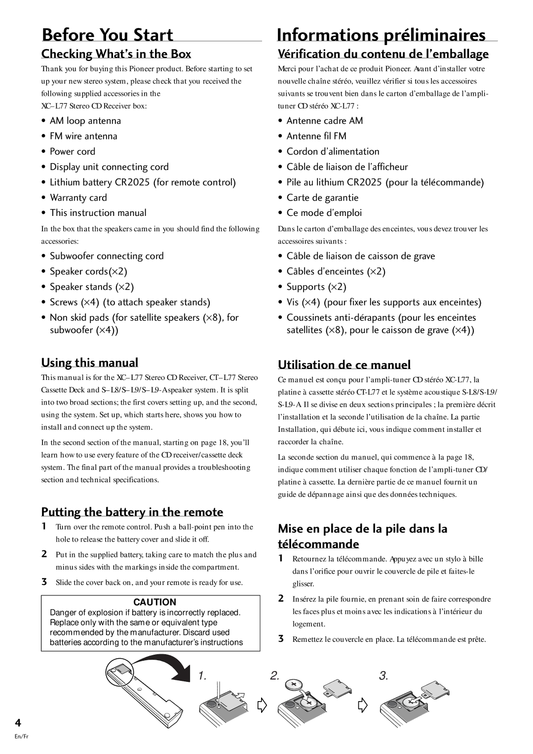 Pioneer S-L9-LRW, S-L9-A-LRW, S-L8-LRW, CT-L77 manual Before You Start, Informations prŽliminaires 