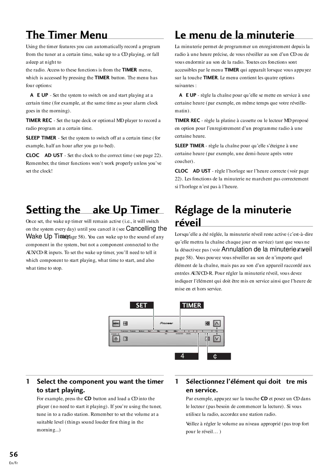 Pioneer S-L9-LRW, S-L8-LRW Timer Menu, Le menu de la minuterie, Setting the Wake Up Timer, RŽglage de la minuterie rŽveil 