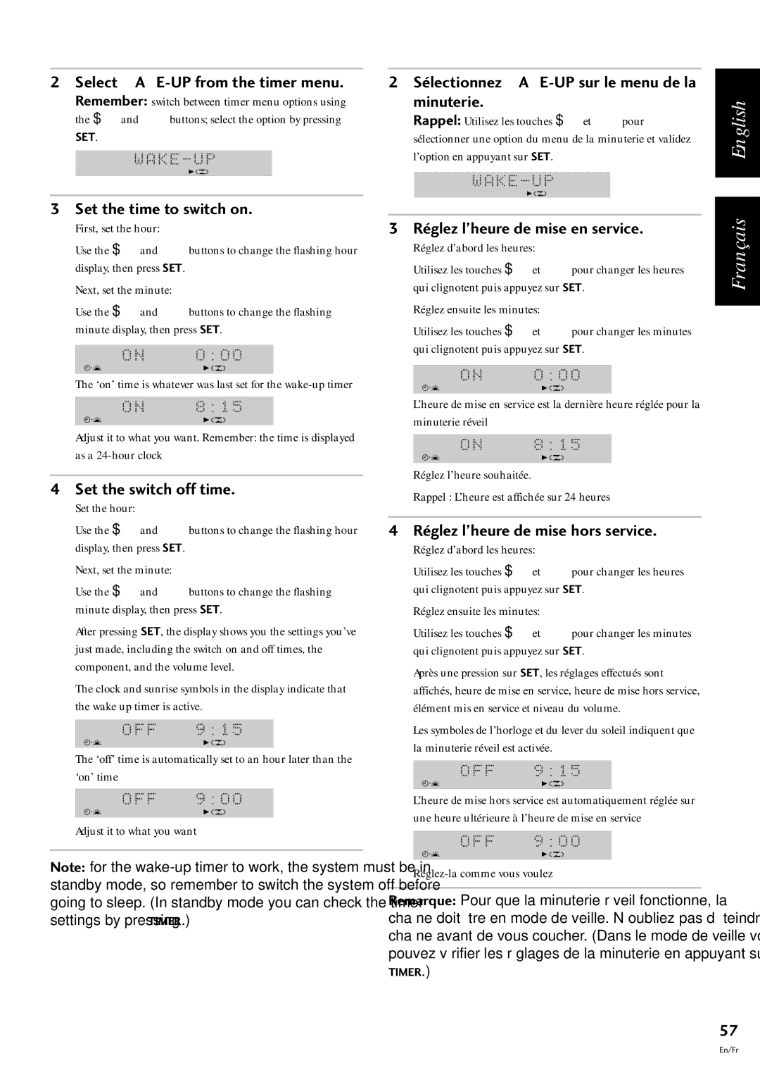 Pioneer S-L9-A-LRW manual Select WAKE-UP from the timer menu, Set the time to switch on, Set the switch off time, Minuterie 