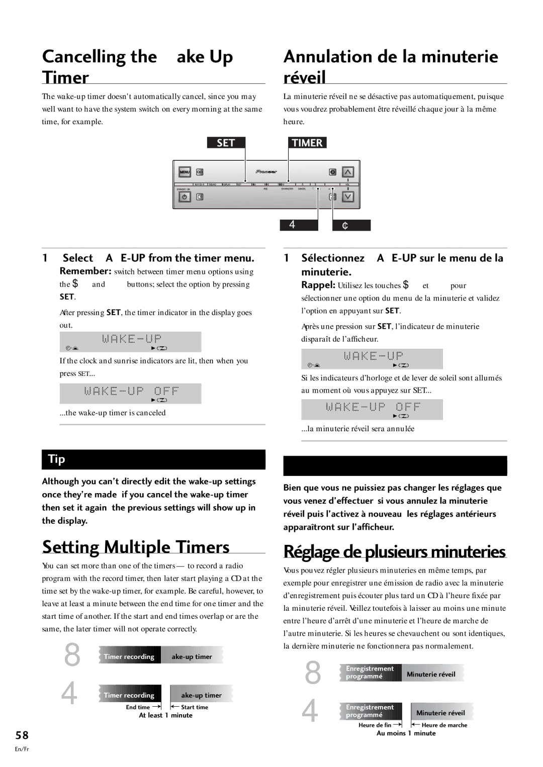 Pioneer S-L8-LRW, S-L9-LRW, CT-L77 Cancelling the Wake Up Timer, Annulation de la minuterie rŽveil, Setting Multiple Timers 