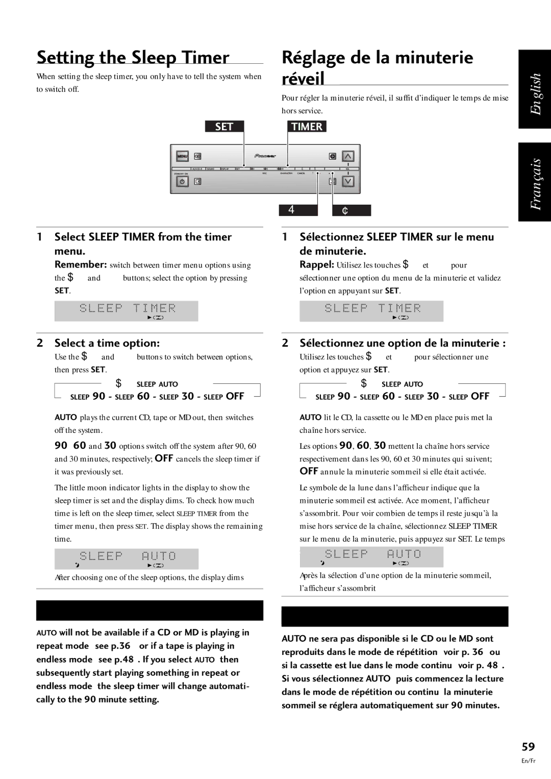 Pioneer CT-L77, S-L9-LRW, S-L9-A-LRW Setting the Sleep Timer, Select Sleep Timer from the timer menu, Select a time option 