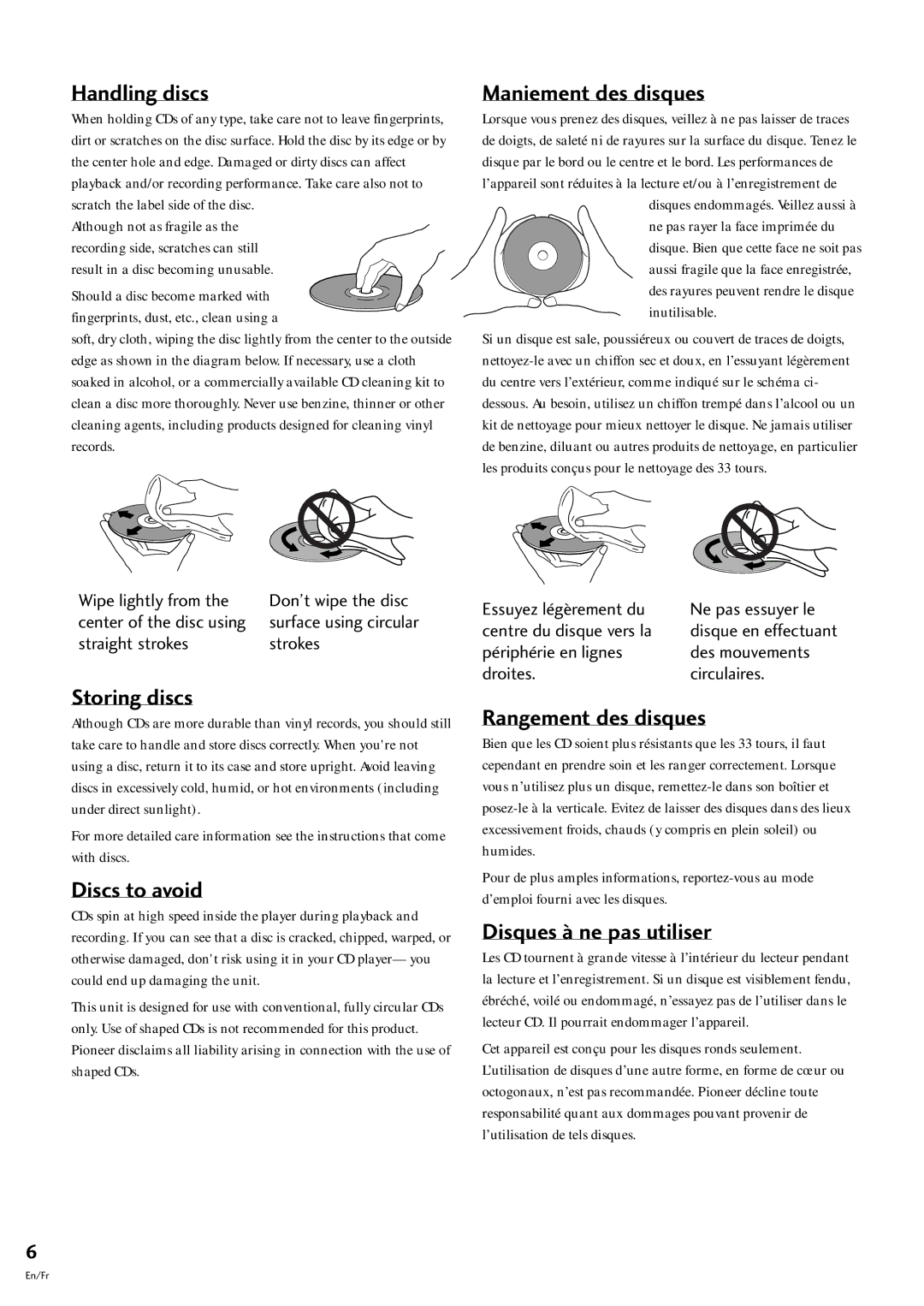 Pioneer S-L8-LRW, S-L9-LRW Handling discs, Storing discs, Discs to avoid, Maniement des disques, Rangement des disques 