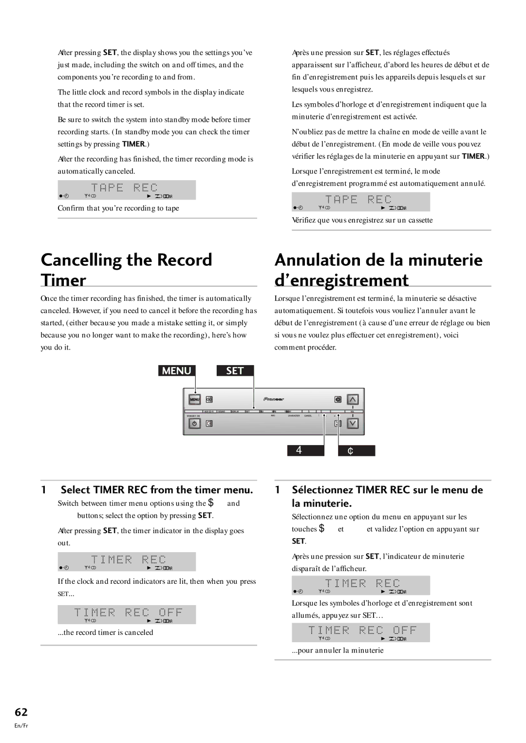 Pioneer S-L8-LRW, S-L9-LRW, S-L9-A-LRW, CT-L77 manual Cancelling the Record Timer, Annulation de la minuterie dÕenregistrement 