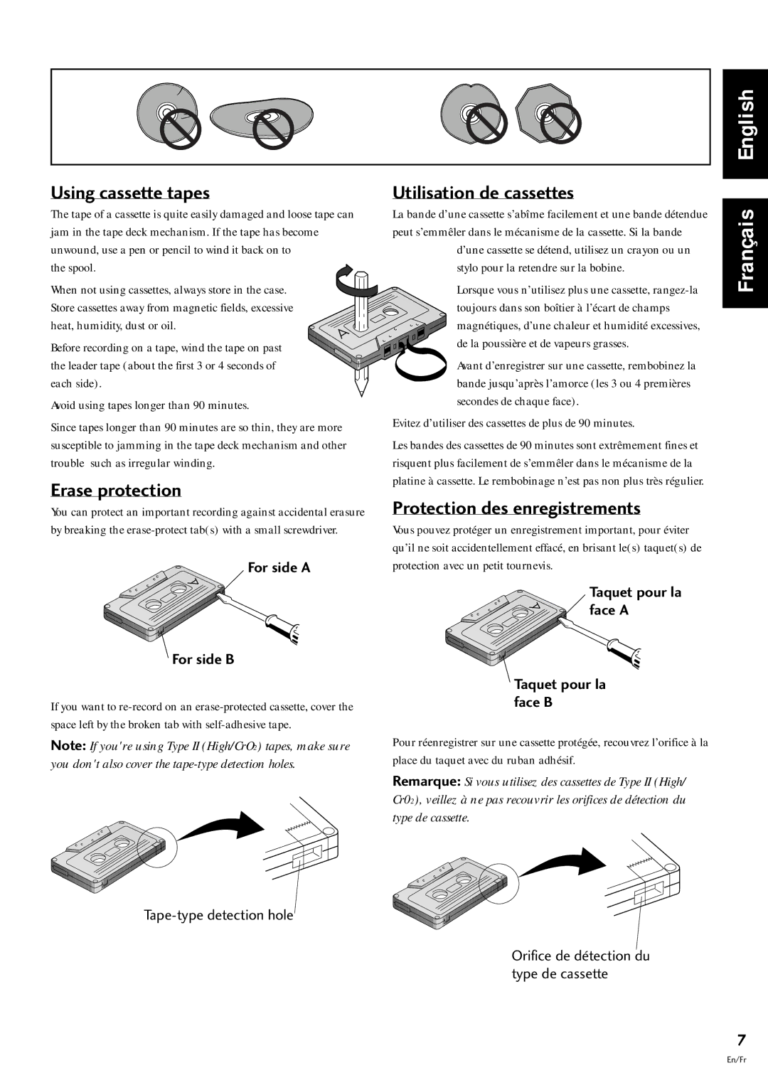 Pioneer CT-L77, S-L9-LRW Using cassette tapes, Erase protection, Utilisation de cassettes, Protection des enregistrements 