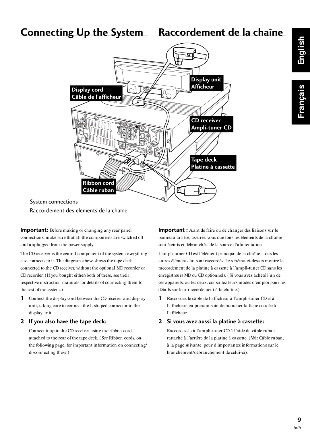 Pioneer S-L9-A-LRW, S-L9-LRW, S-L8-LRW Connecting Up the System Raccordement de la chane, If you also have the tape deck 