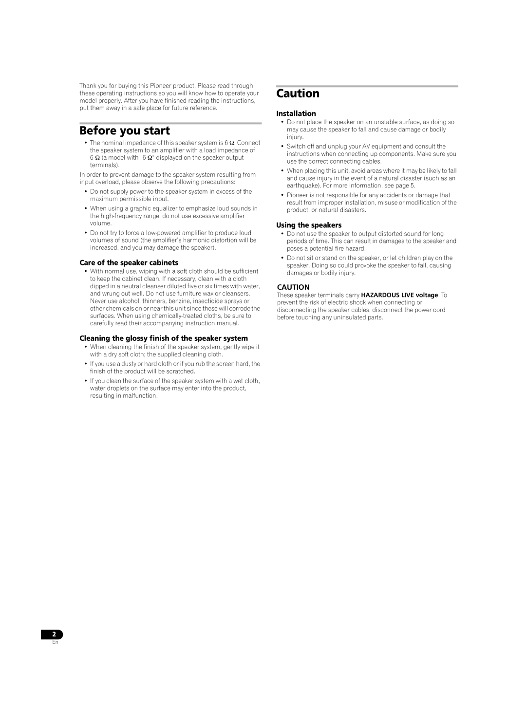 Pioneer S-LX70C operating instructions Before you start, Installation, Using the speakers 