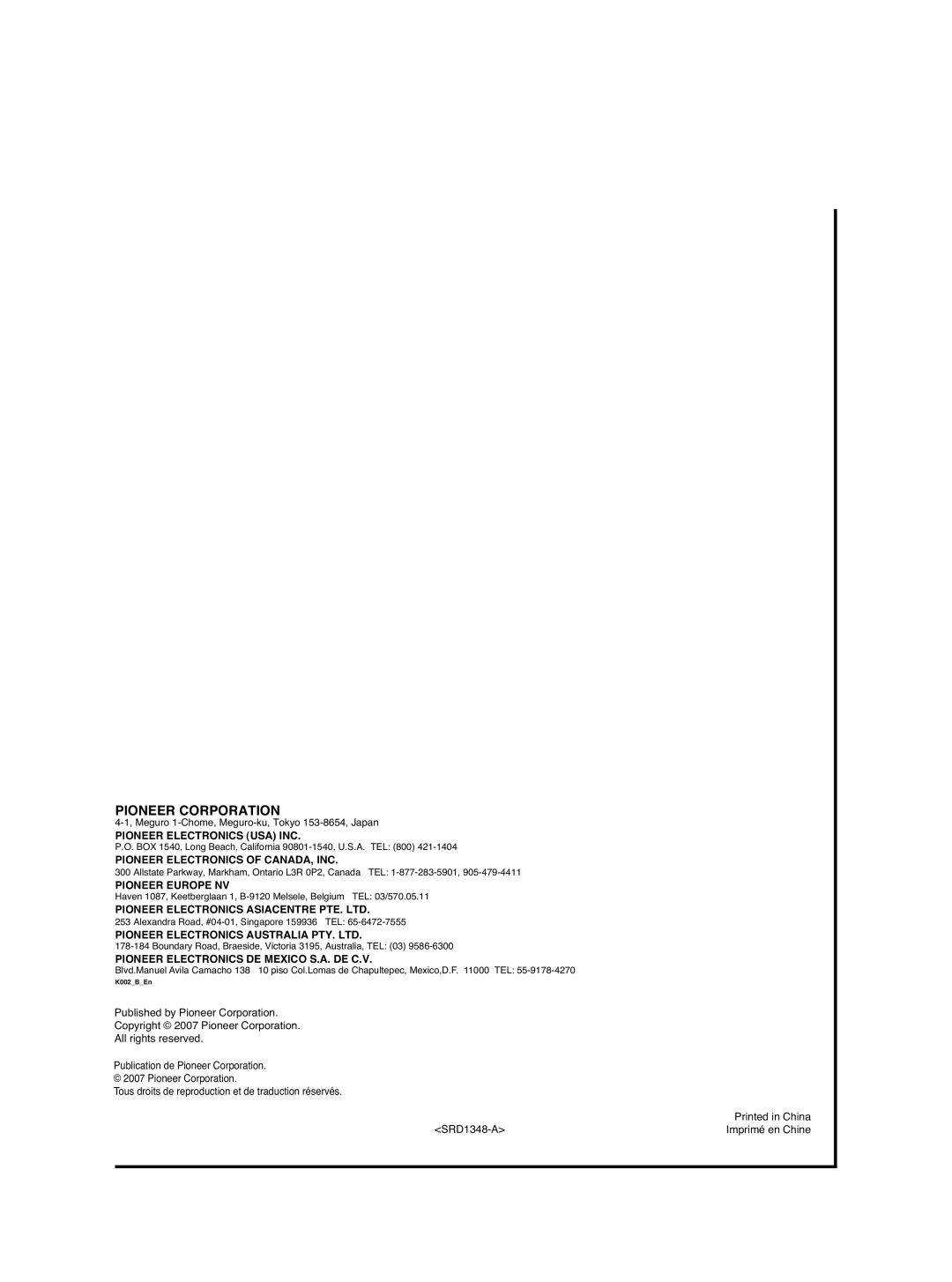 Pioneer S-LX70C operating instructions Pioneer Corporation 