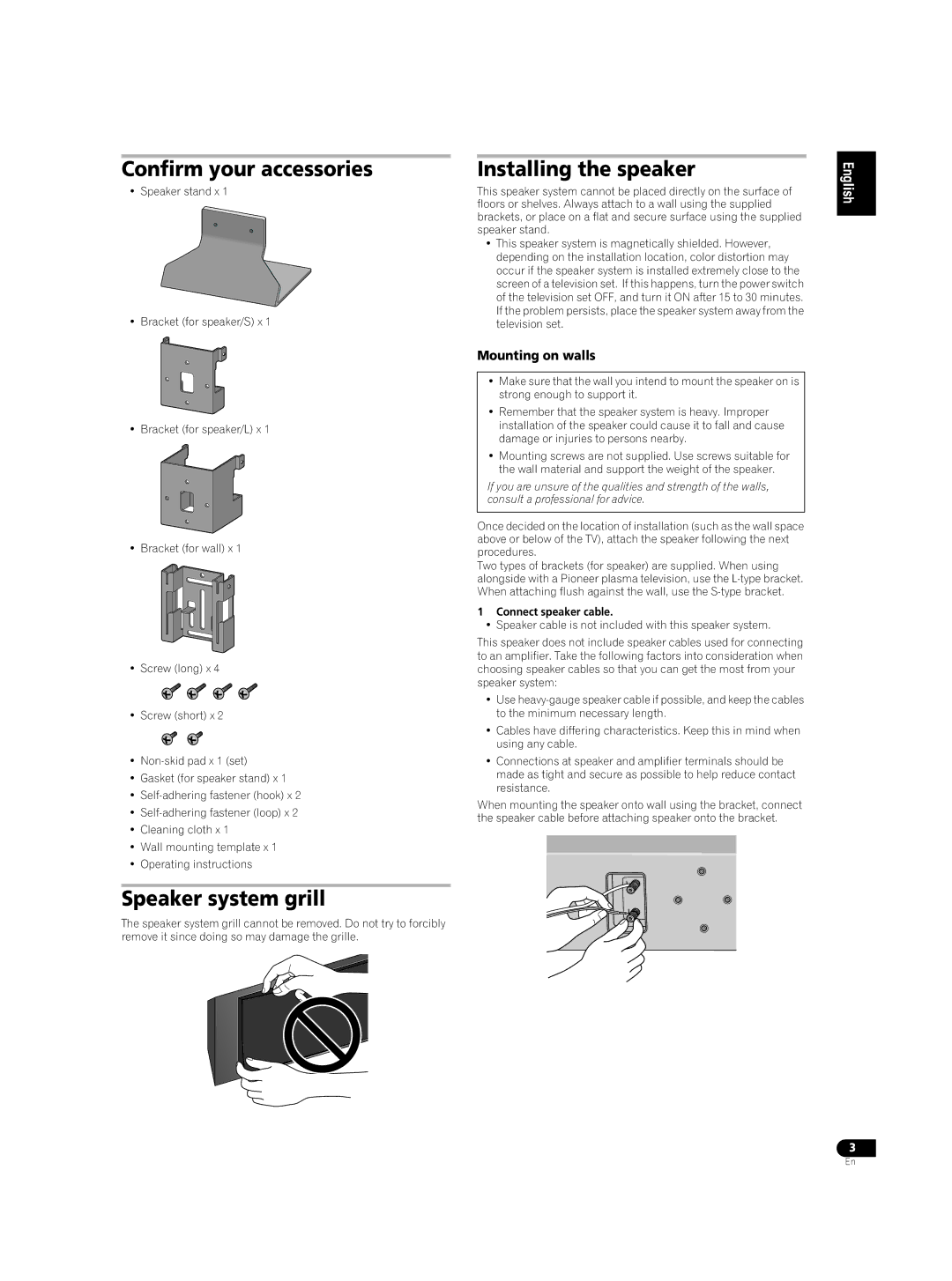 Pioneer S-LX70C Confirm your accessories, Installing the speaker, Speaker system grill, Mounting on walls 