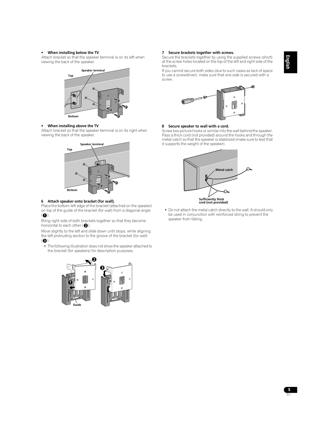 Pioneer S-LX70C When installing below the TV, Secure brackets together with screws, When installing above the TV 