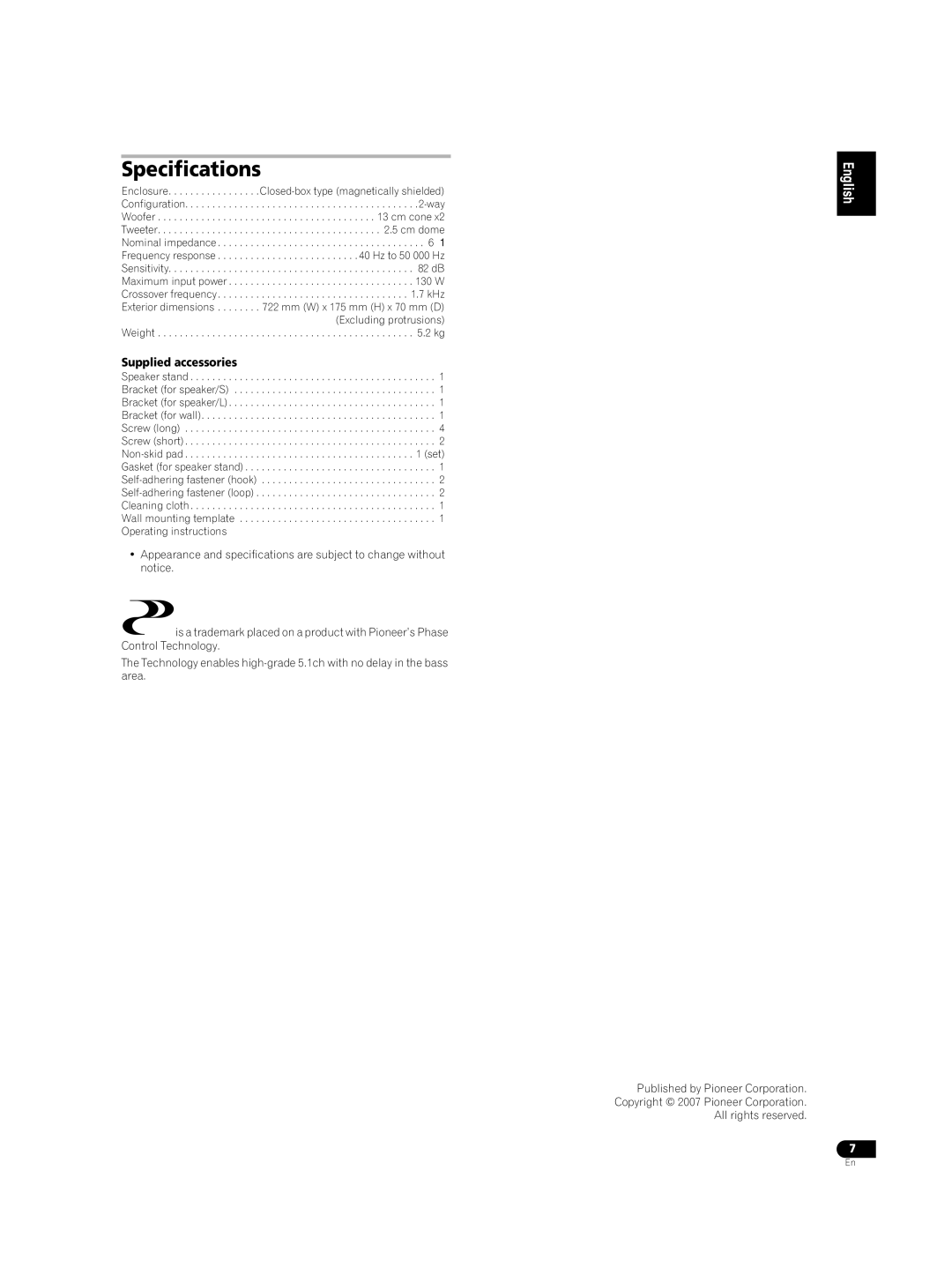 Pioneer S-LX70C operating instructions Specifications, Supplied accessories 