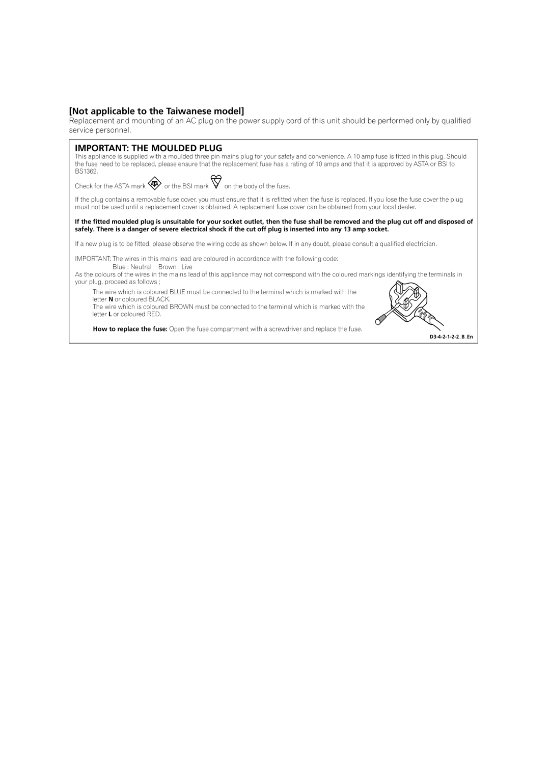 Pioneer S-LX70W manual Not applicable to the Taiwanese model, Important the Moulded Plug 