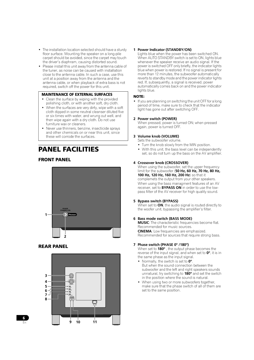 Pioneer S-LX70W manual Panel Facilities 