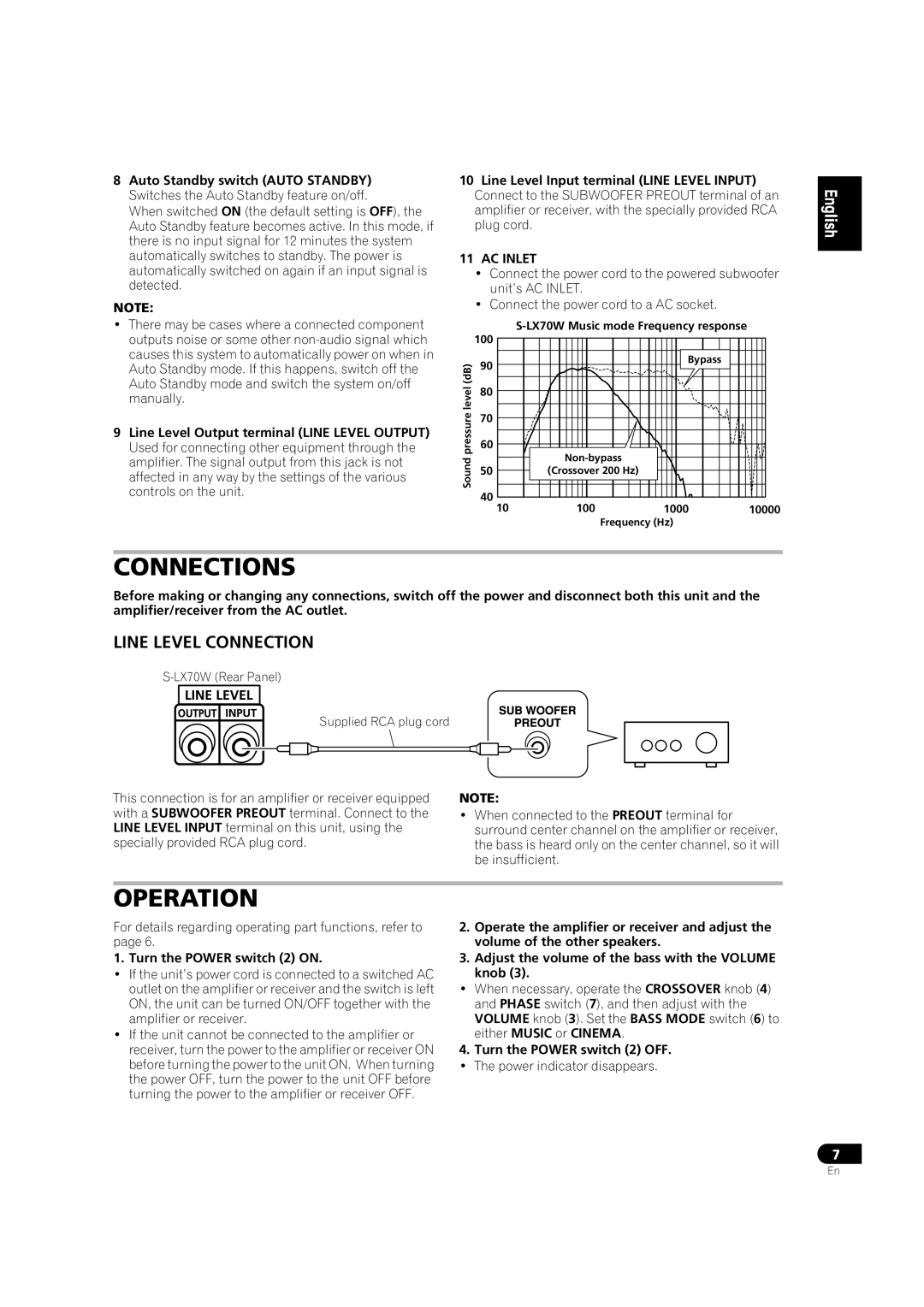 Pioneer S-LX70W manual Connections, Operation, Turn the Power switch 2 on, Turn the Power switch 2 OFF 