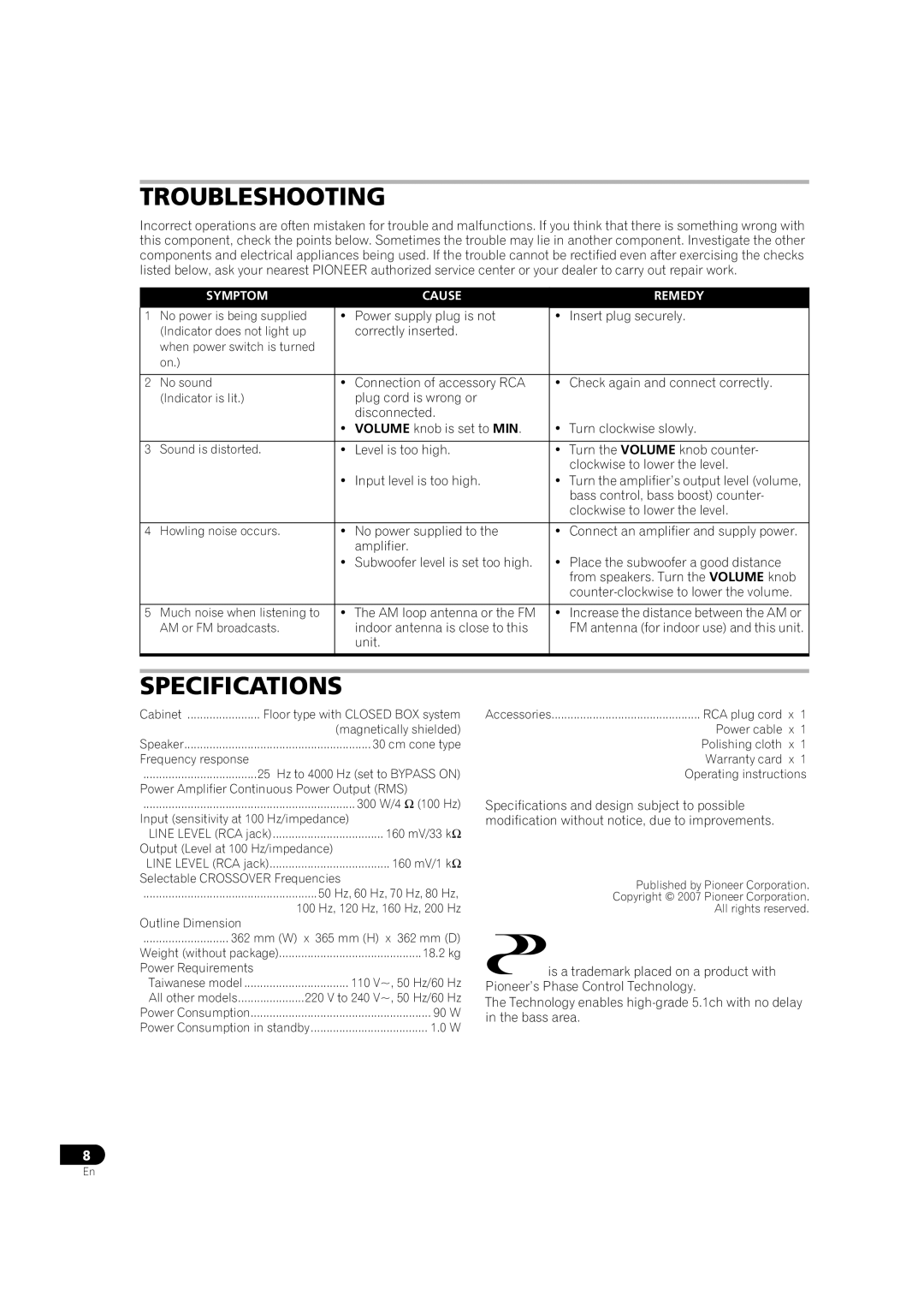 Pioneer S-LX70W manual Troubleshooting, Specifications 