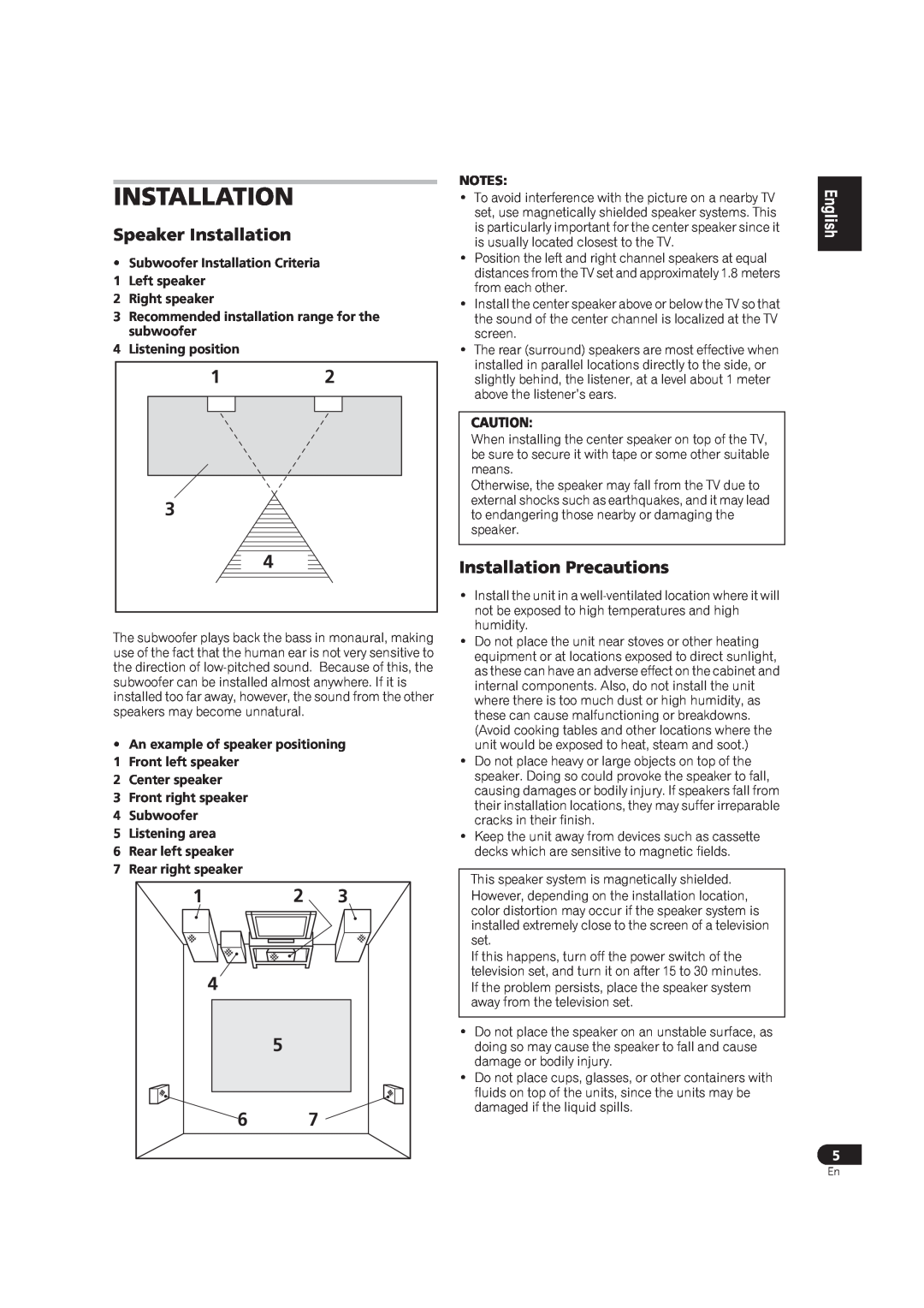 Pioneer S-LX70W manual Speaker Installation, Installation Precautions 