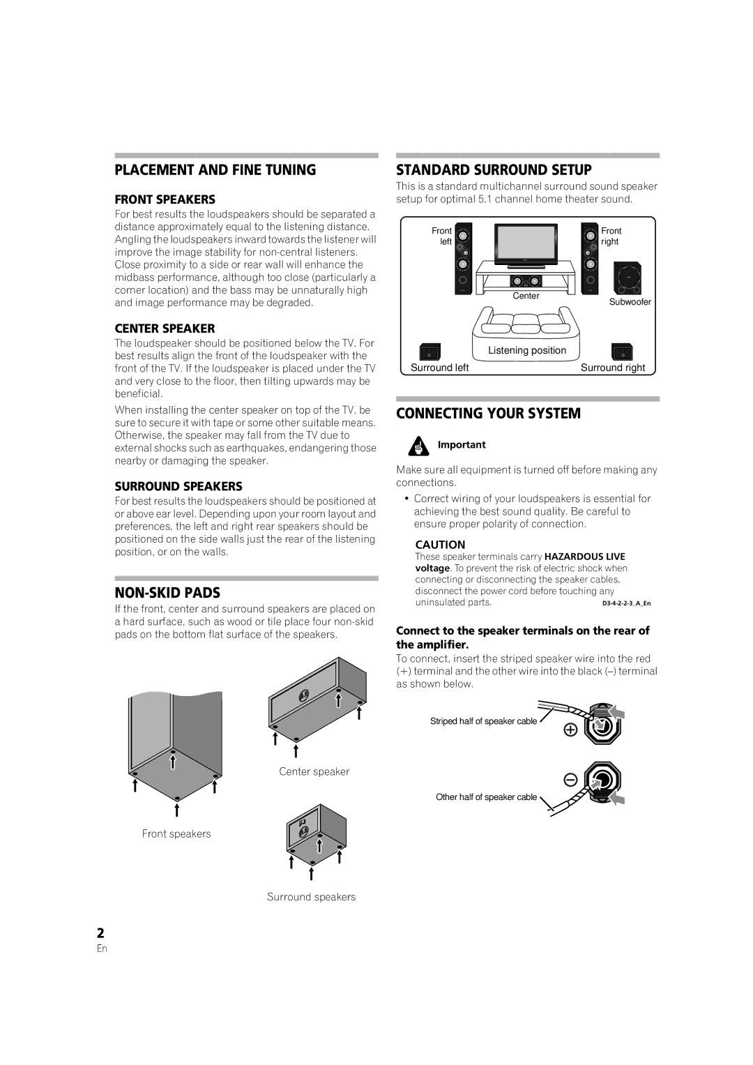 Pioneer S-RS3TB, S-RS7TB manual Placement and Fine Tuning, Standard Surround Setup, NON-SKID Pads, Connecting Your System 