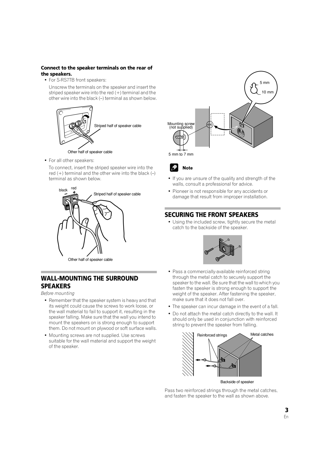 Pioneer S-RS7TB, S-RS3TB manual Securing the Front Speakers, WALL-MOUNTING the Surround Speakers 