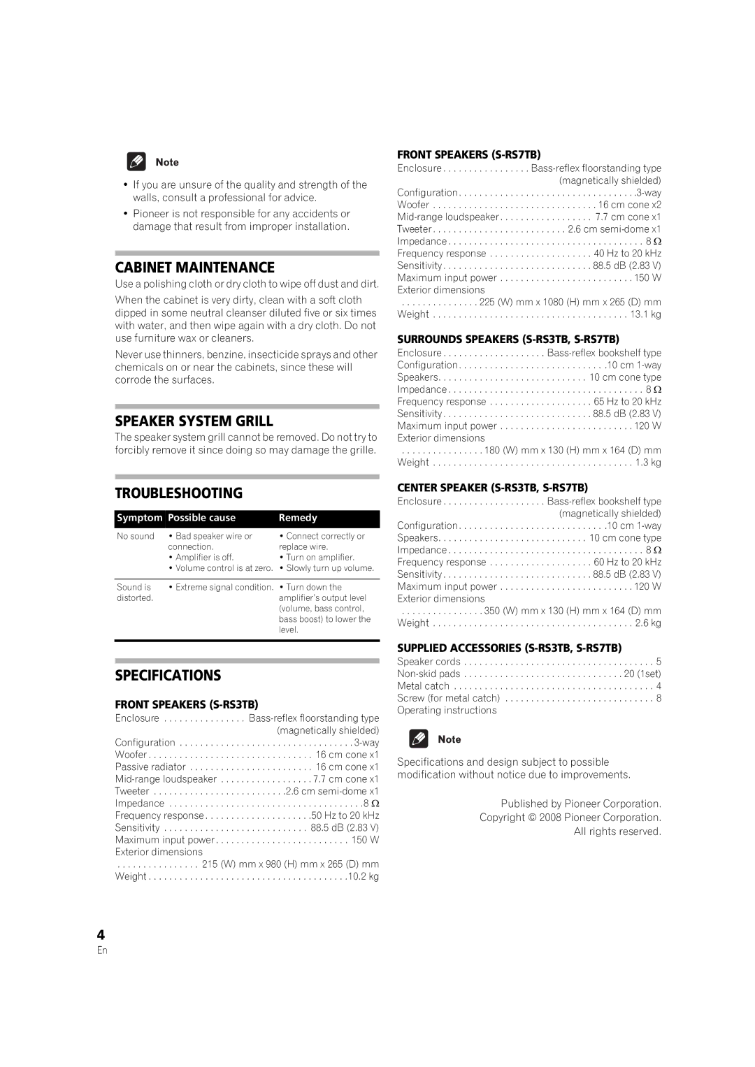 Pioneer S-RS3TB, S-RS7TB manual Cabinet Maintenance, Speaker System Grill, Troubleshooting, Specifications 