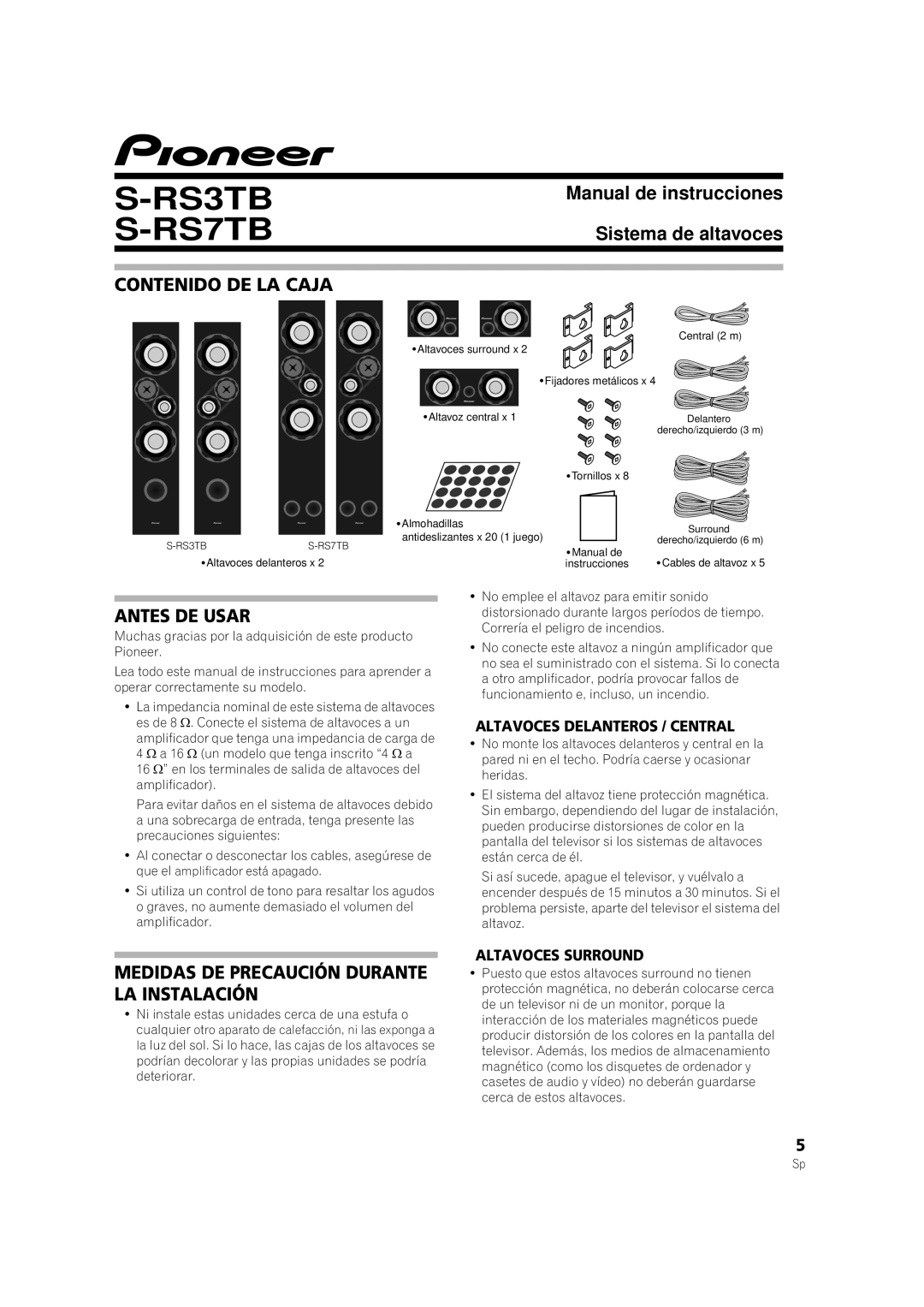 Pioneer S-RS7TB Contenido DE LA Caja, Antes DE Usar, Medidas DE Precaución Durante LA Instalación, Altavoces Surround 