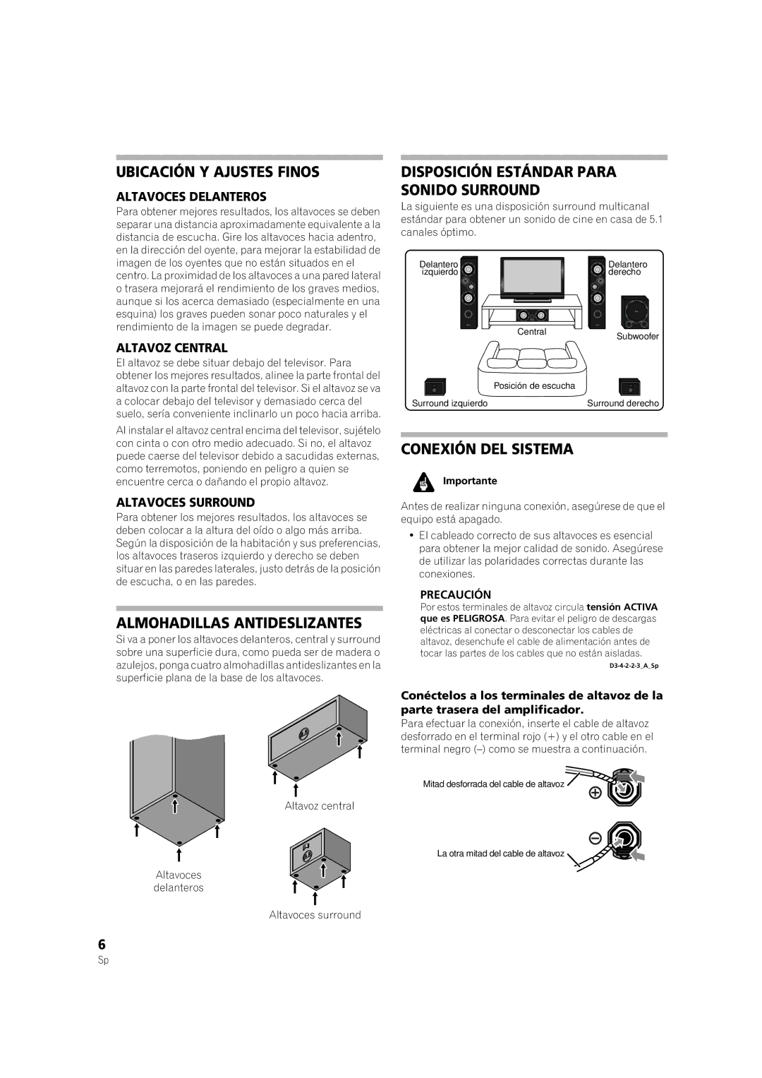 Pioneer S-RS3TB manual Ubicación Y Ajustes Finos, Almohadillas Antideslizantes, Disposición Estándar Para Sonido Surround 