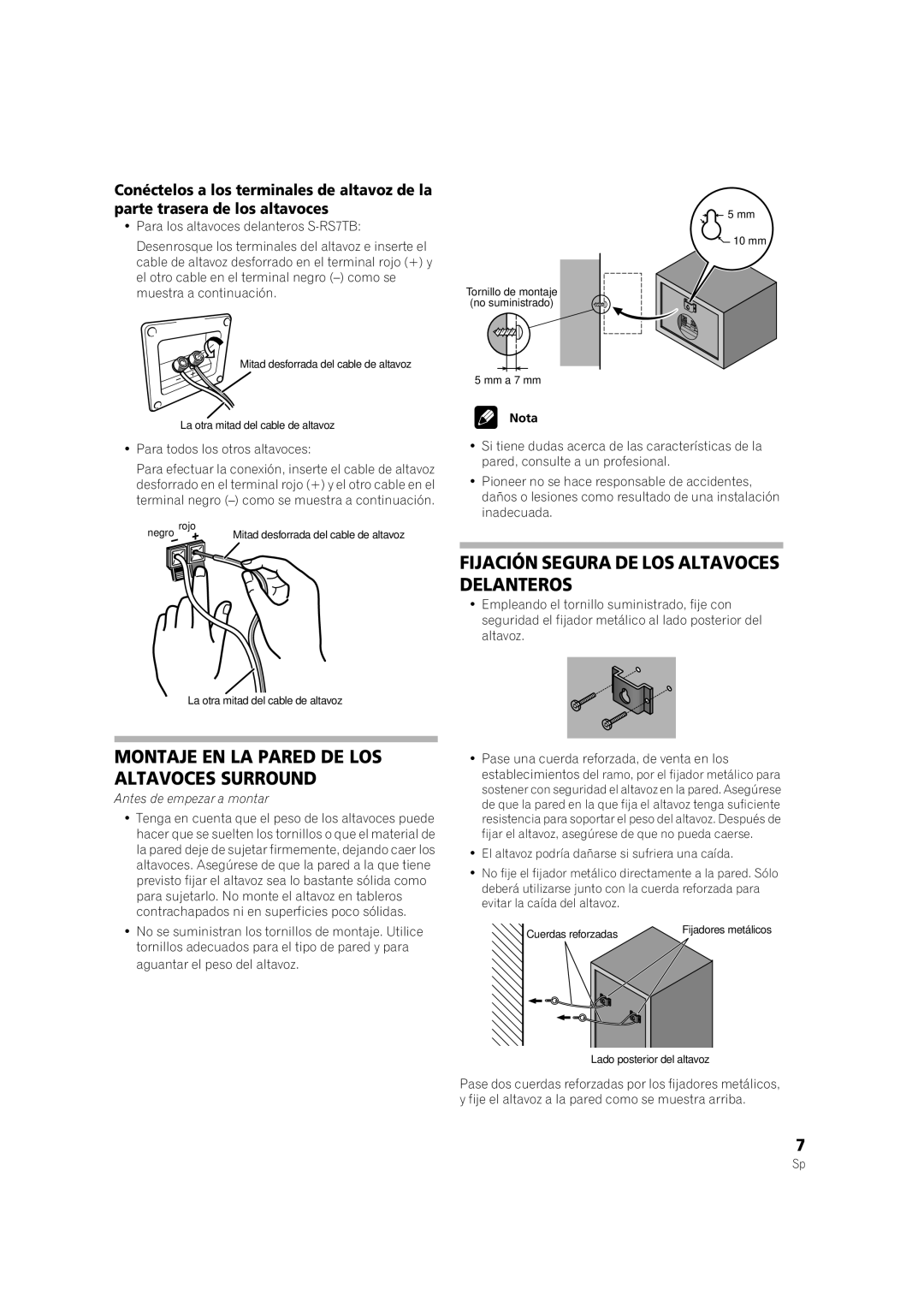 Pioneer S-RS7TB, S-RS3TB manual Fijación Segura DE LOS Altavoces Delanteros, Montaje EN LA Pared DE LOS Altavoces Surround 