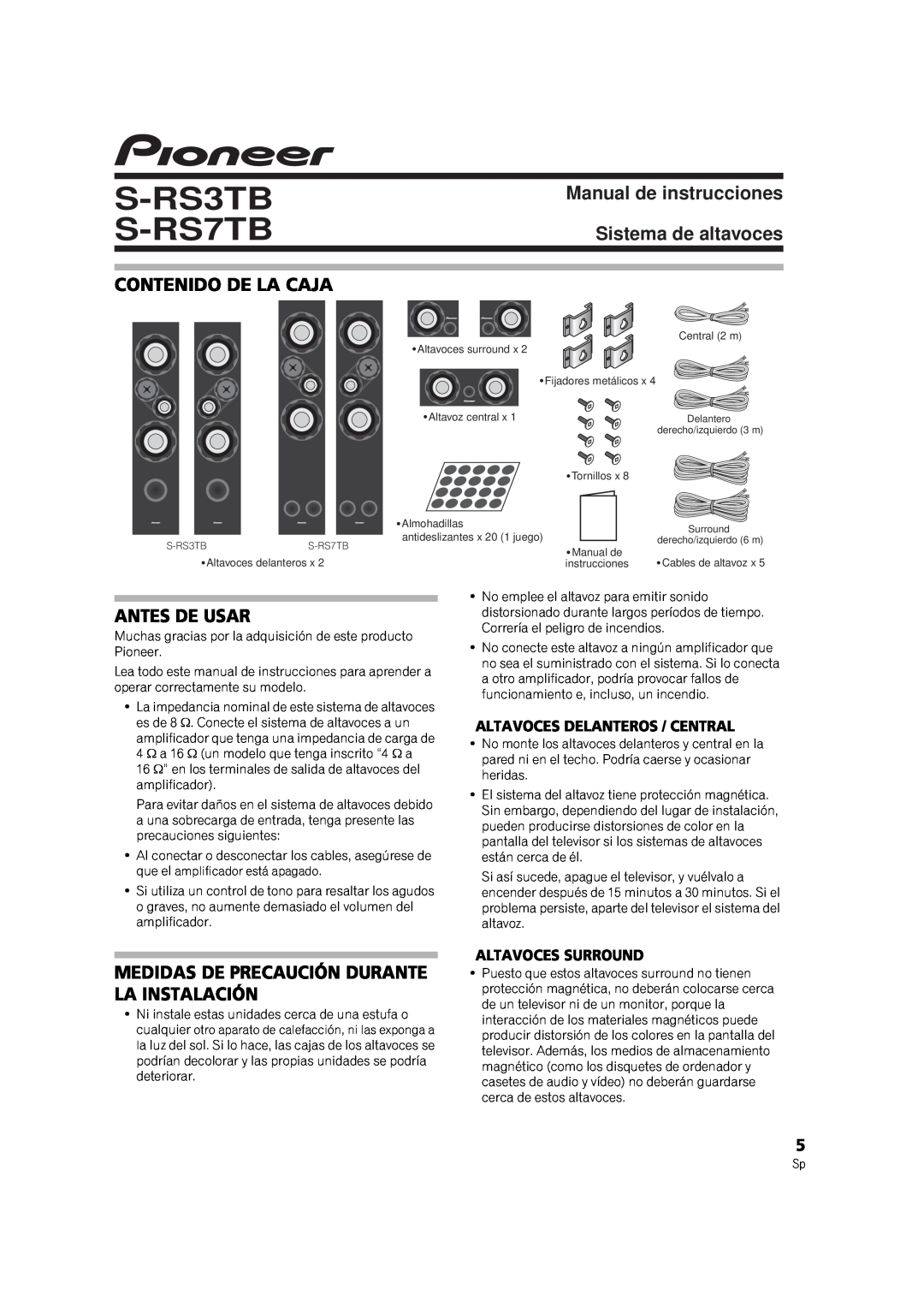 Pioneer S-RS7TB Manual de instrucciones Sistema de altavoces, Contenido De La Caja, Antes De Usar, Altavoces Surround 